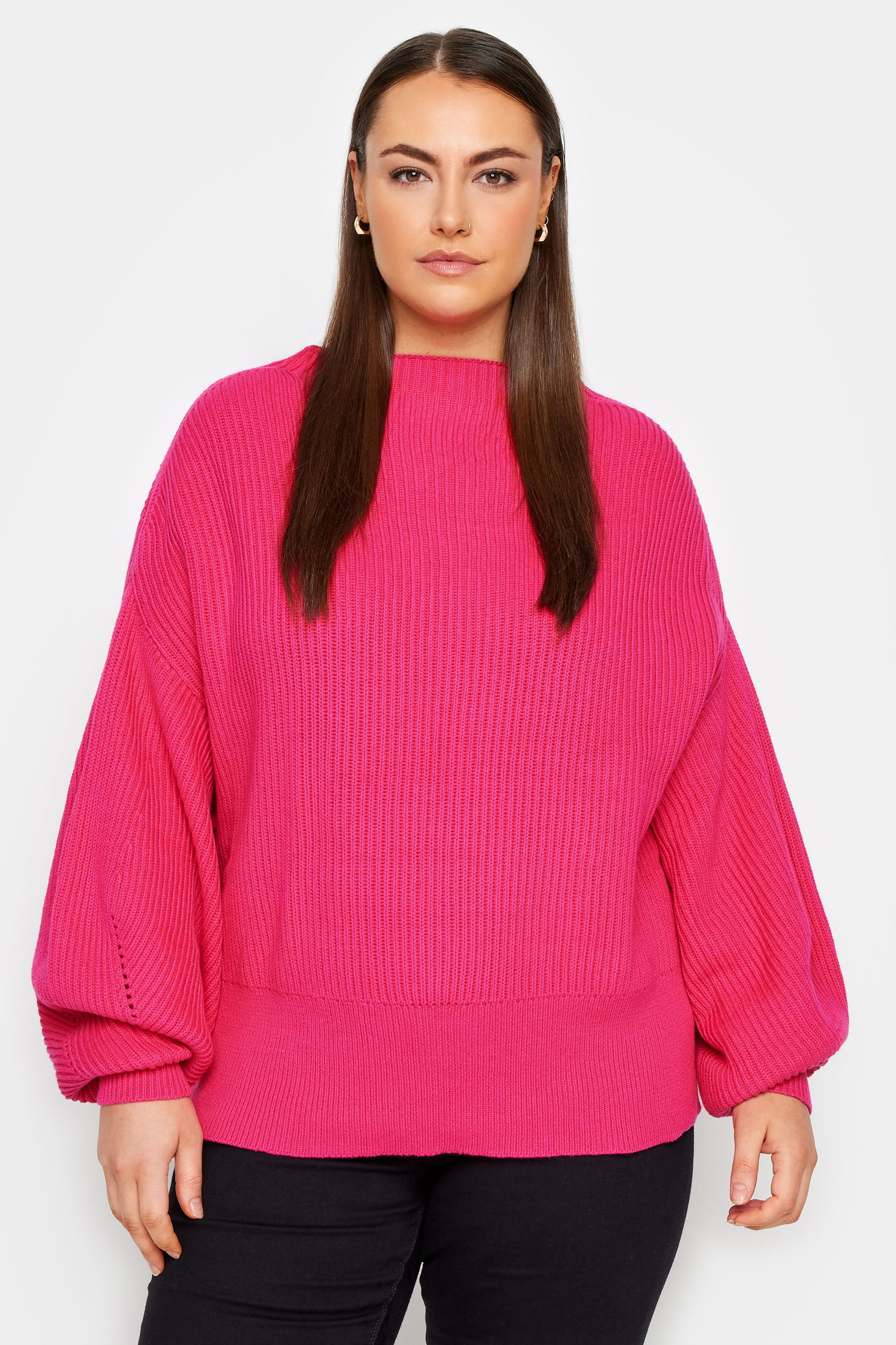 Evans Bright Pink Balloon Sleeve Knitted Jumper 1