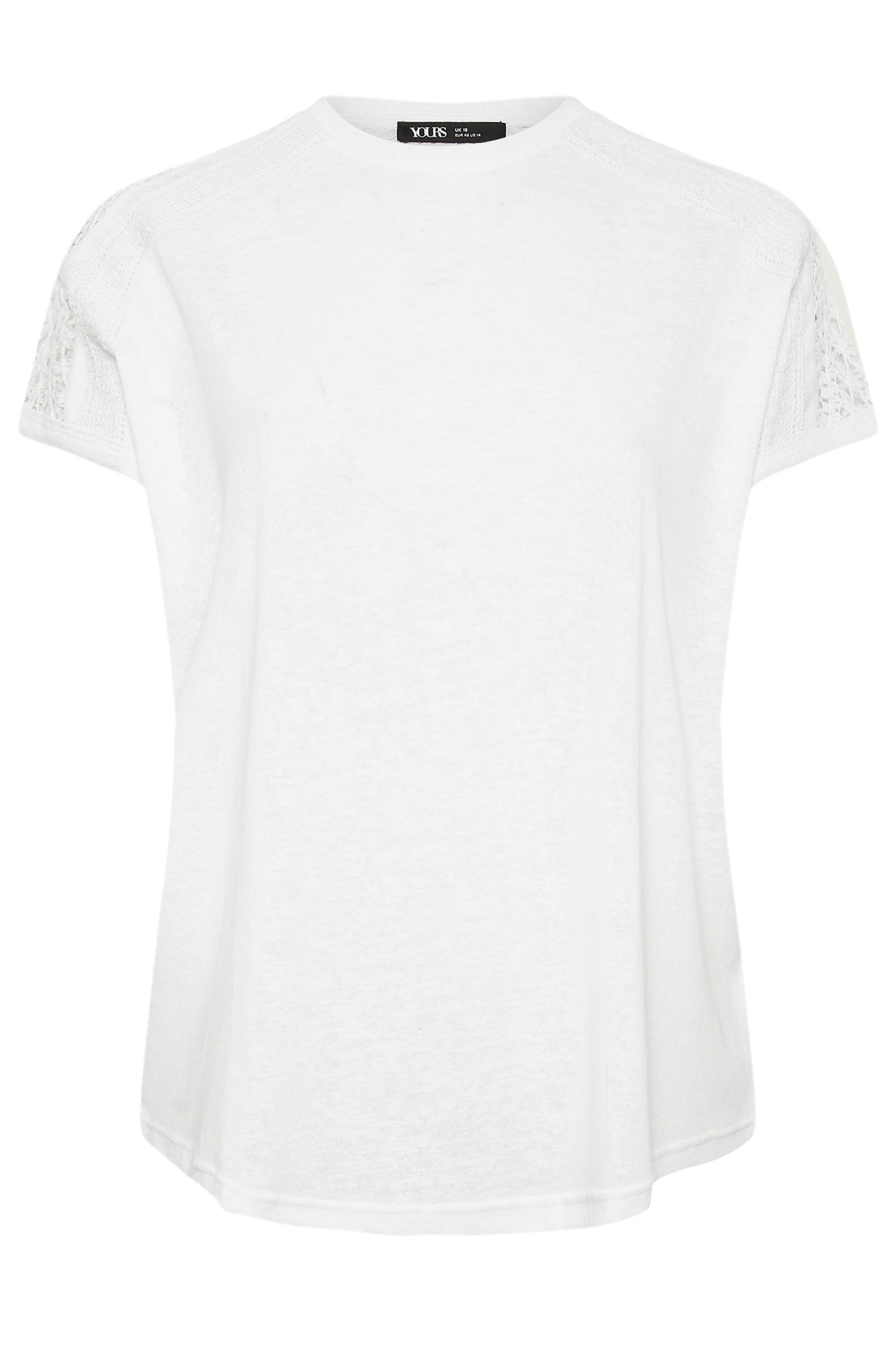 YOURS Plus Size White Crochet Detail Linen T-Shirt | Yours Clothing