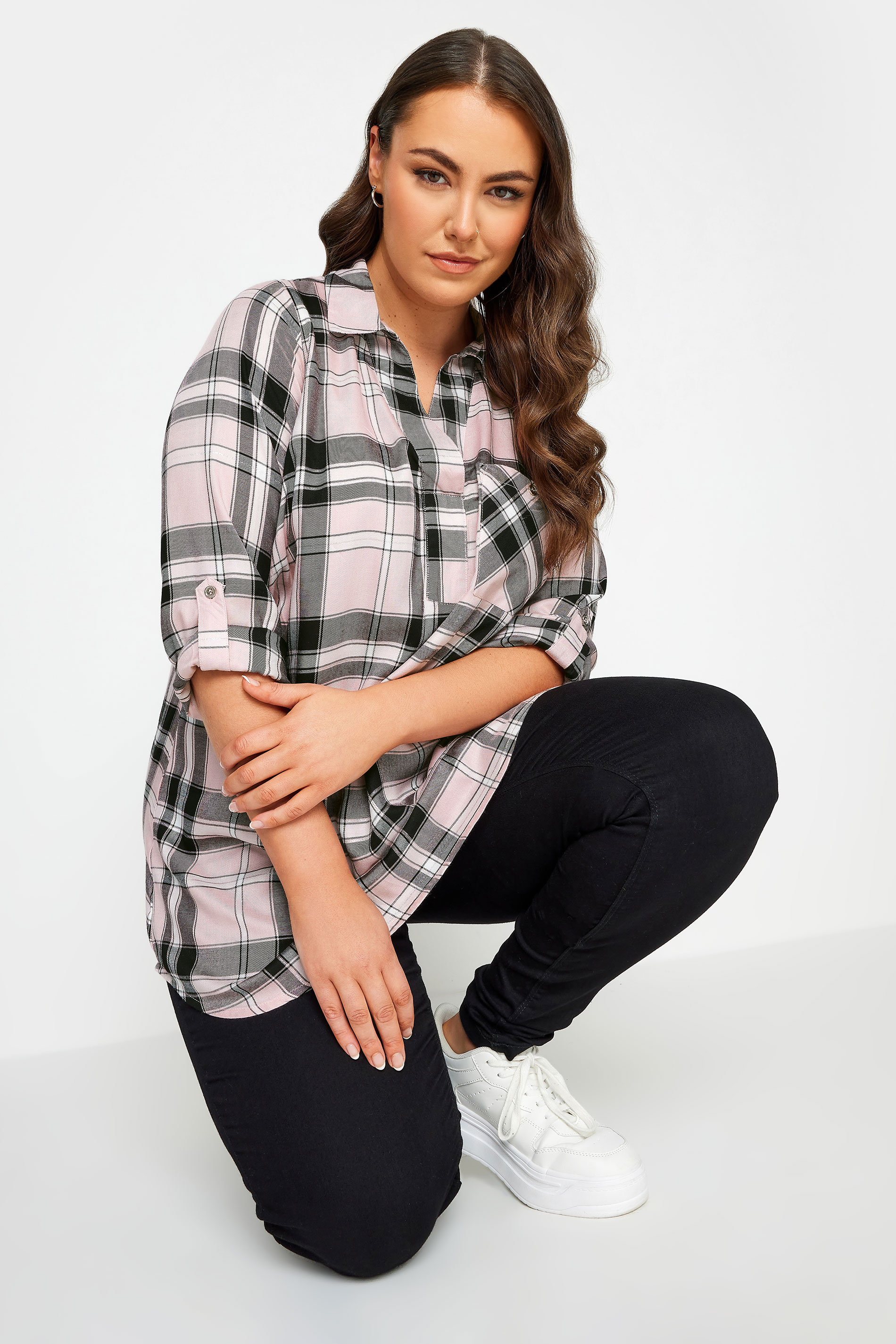 YOURS Curve Plus Size Pink & Black Check Print Shirt | Yours Clothing  1