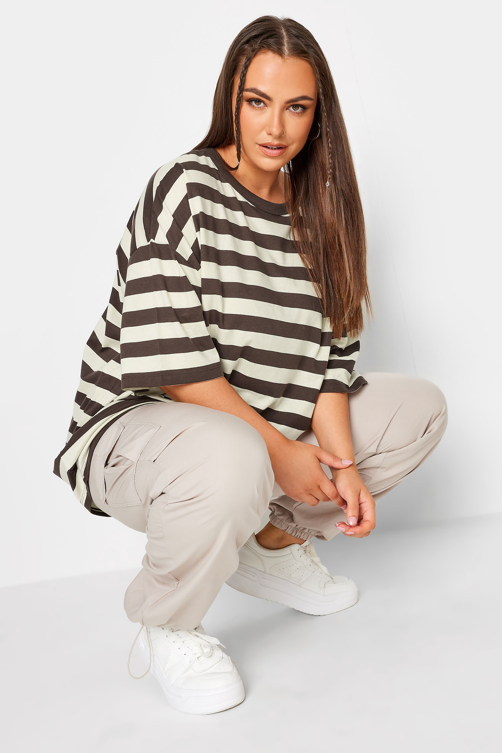 YOURS Plus Size Curve Brown Stripe Oversized Boxy T-Shirt | Yours Clothing  1