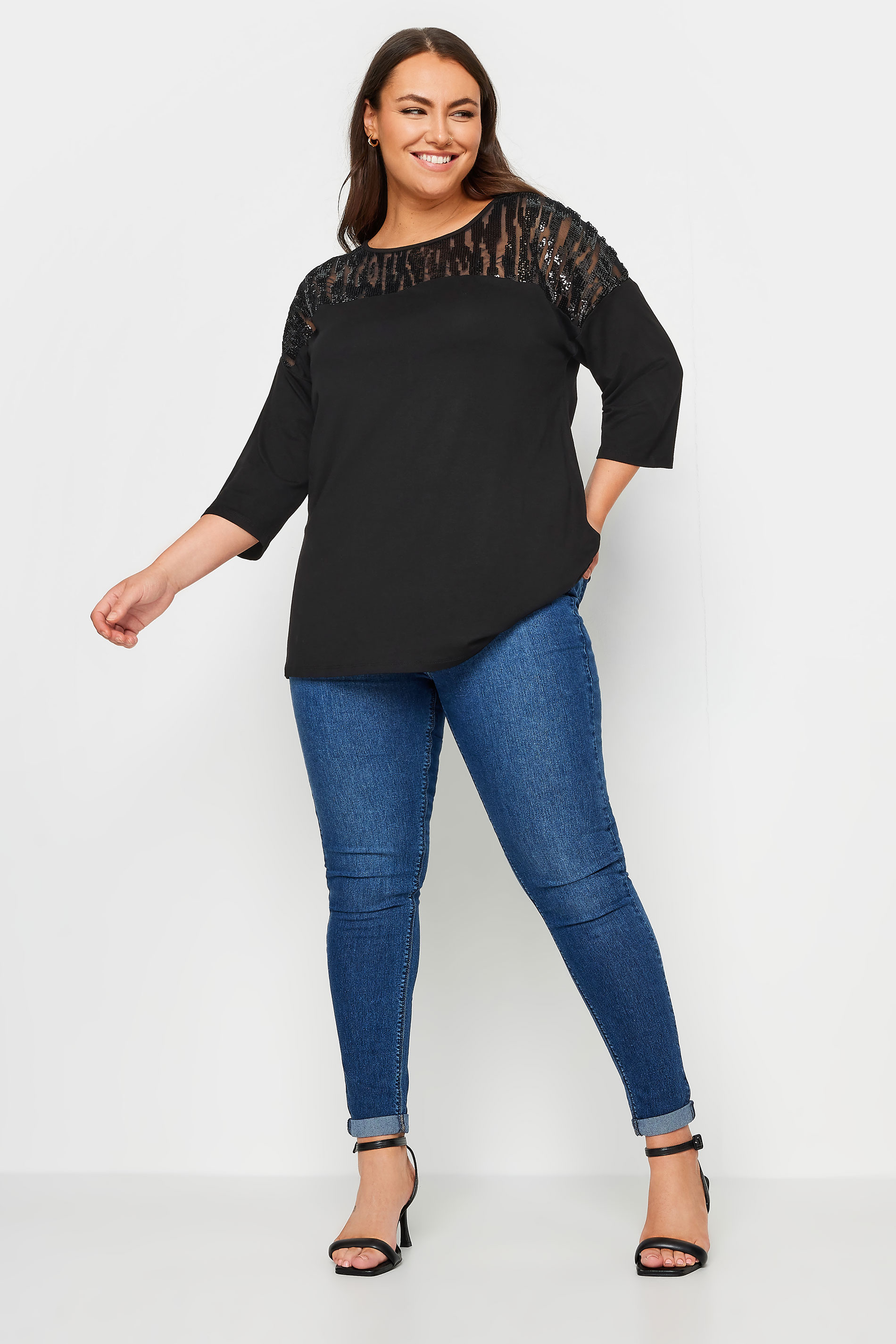 YOURS Plus Size Black Sequin Mesh Top | Yours Clothing 2