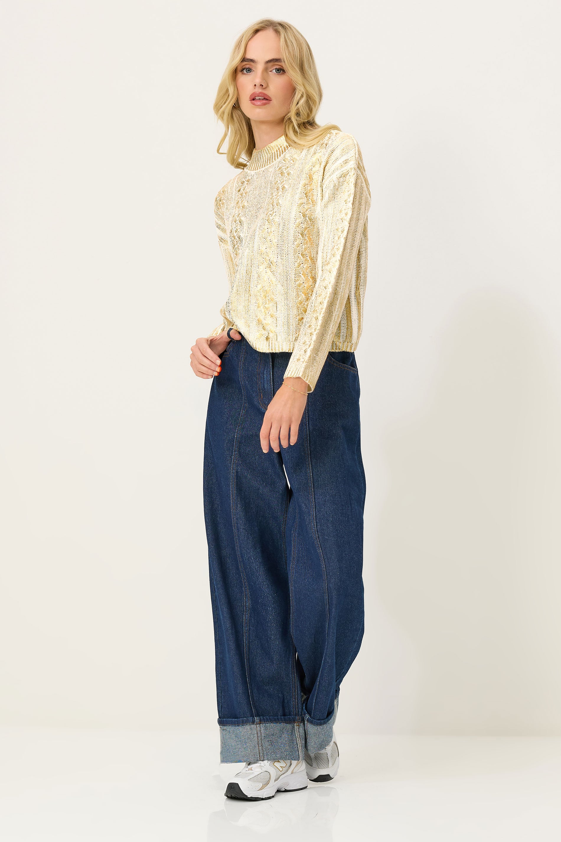 PixieGirl Petite Women's Gold Metallic Foil Cable Knit Jumper | PixieGirl 1