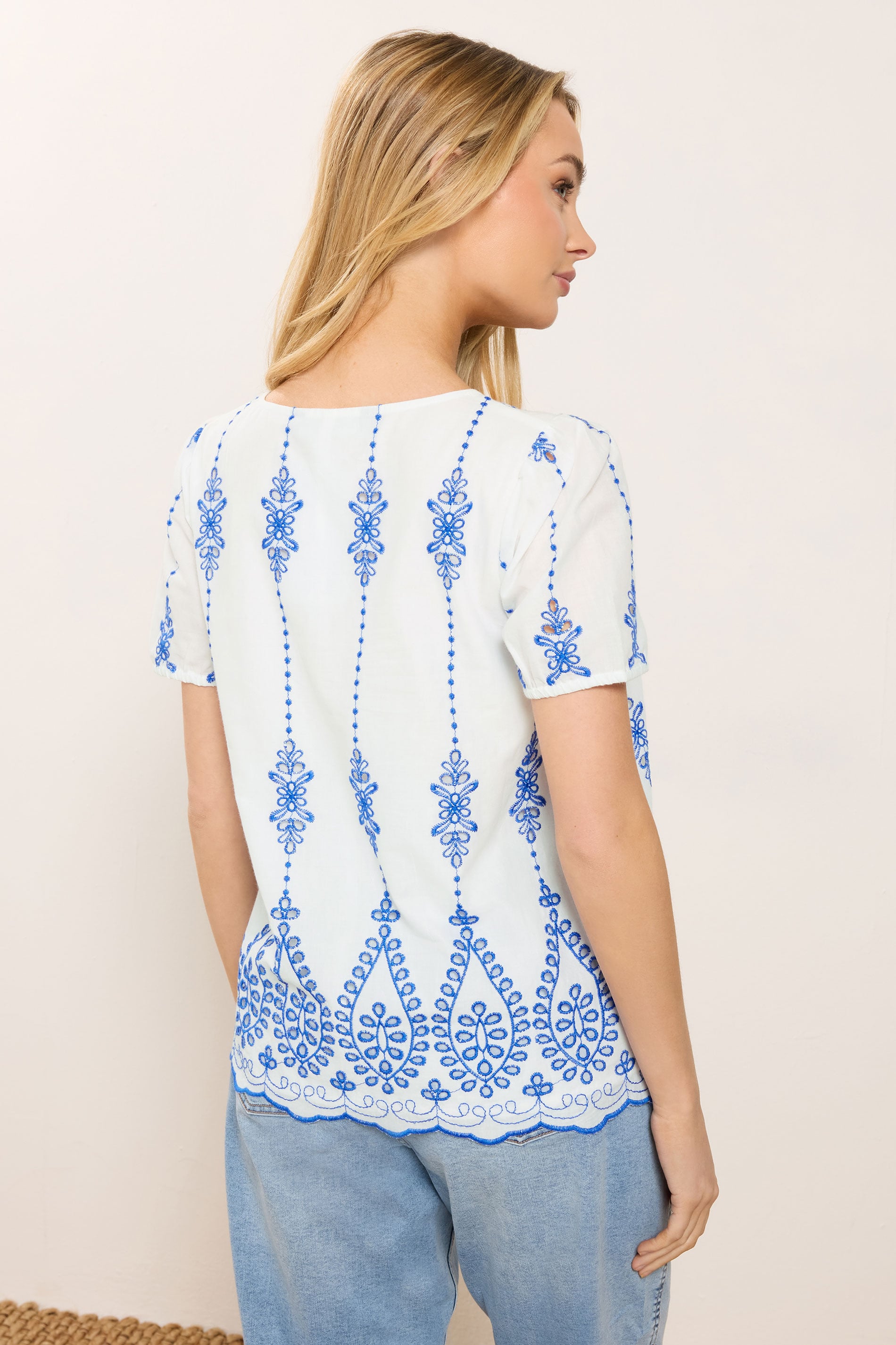 M&Co White & Blue Floral Broderie Cotton Short Sleeve Top | M&Co 2