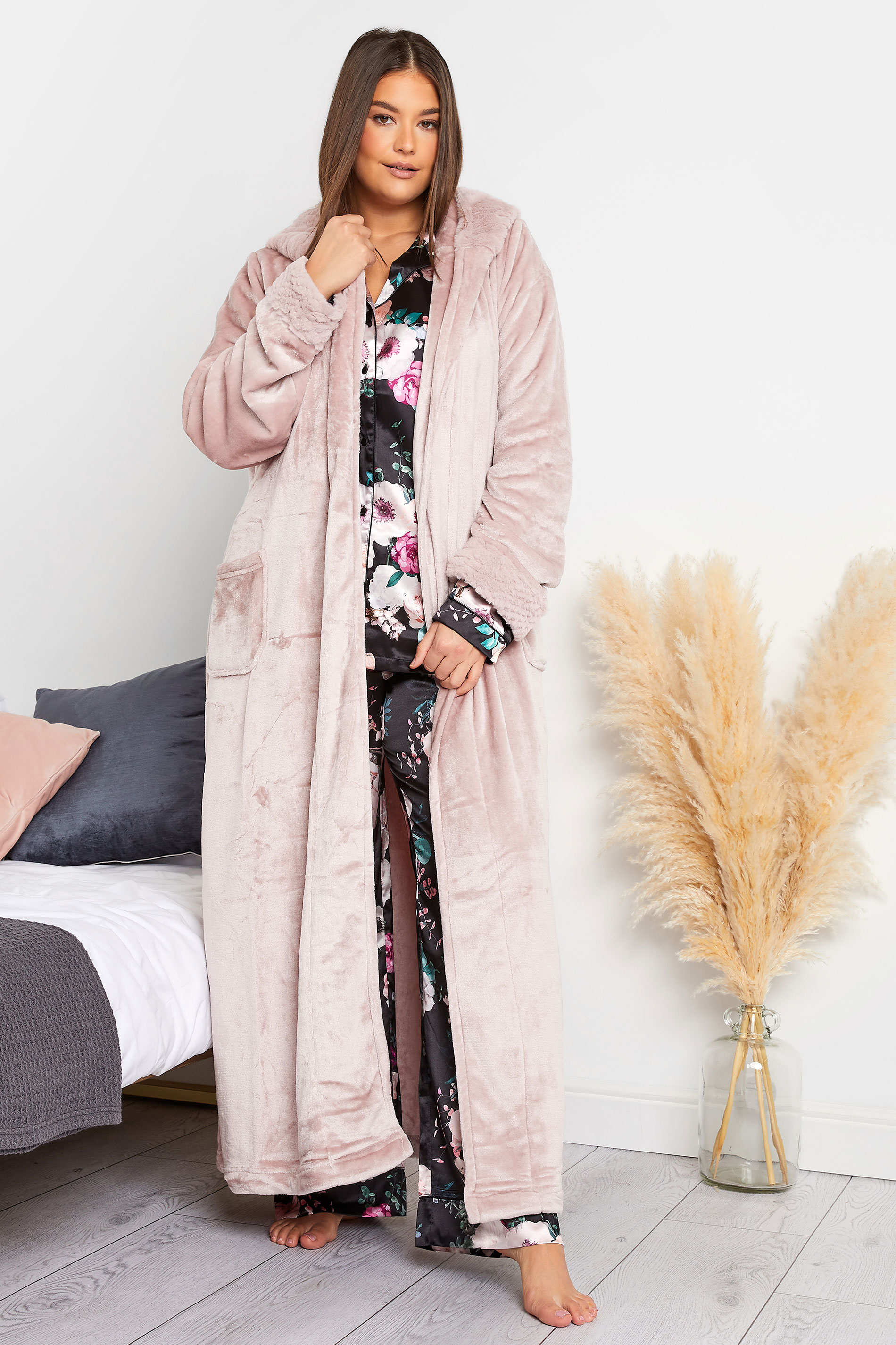 LTS Pink Faux Fur Trim Dressing Gown | Long Tall Sally 2
