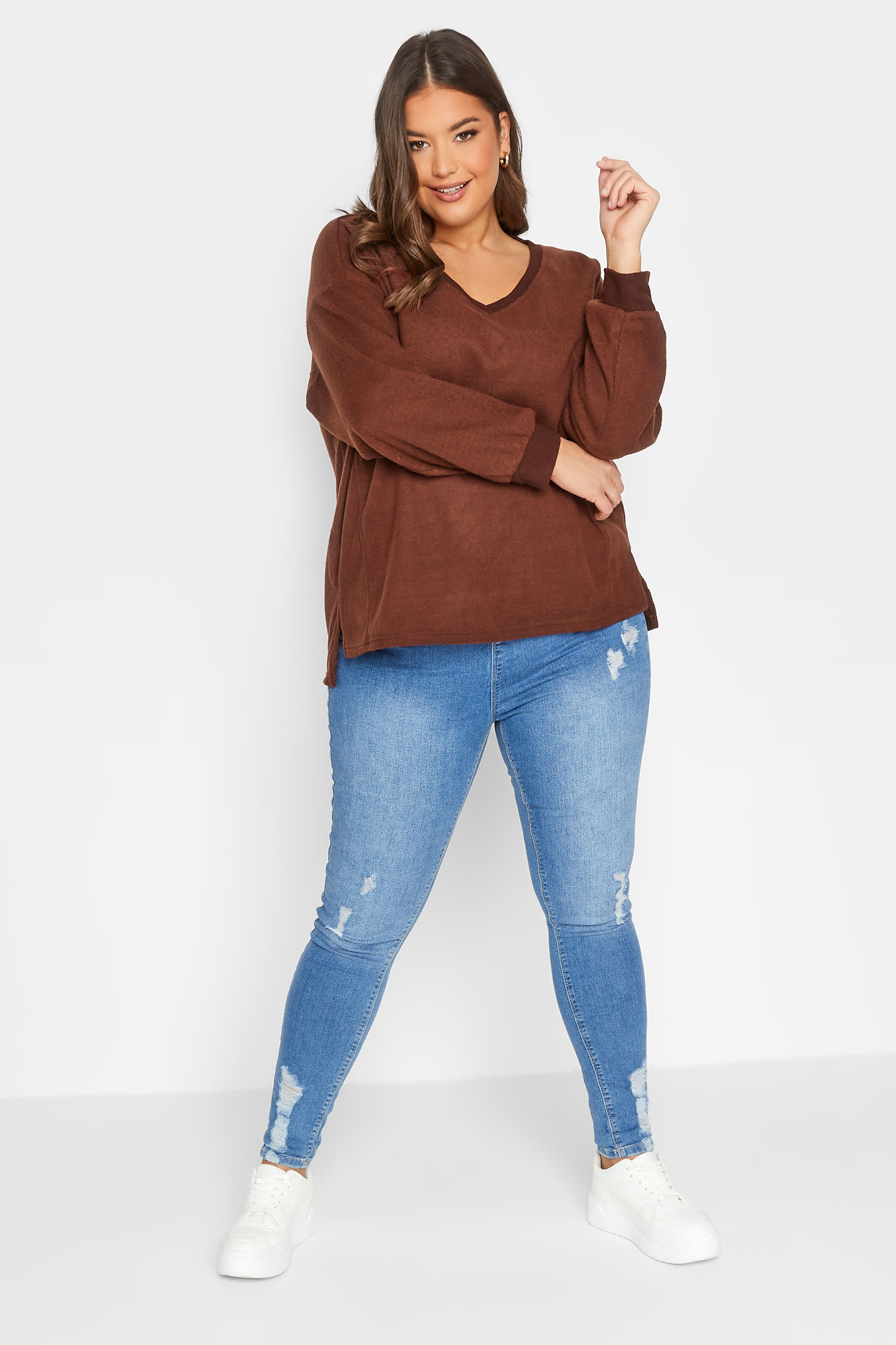 Plus Size Brown V-Neck Soft Touch Fleece Sweatshirt | Yours Clothing 2