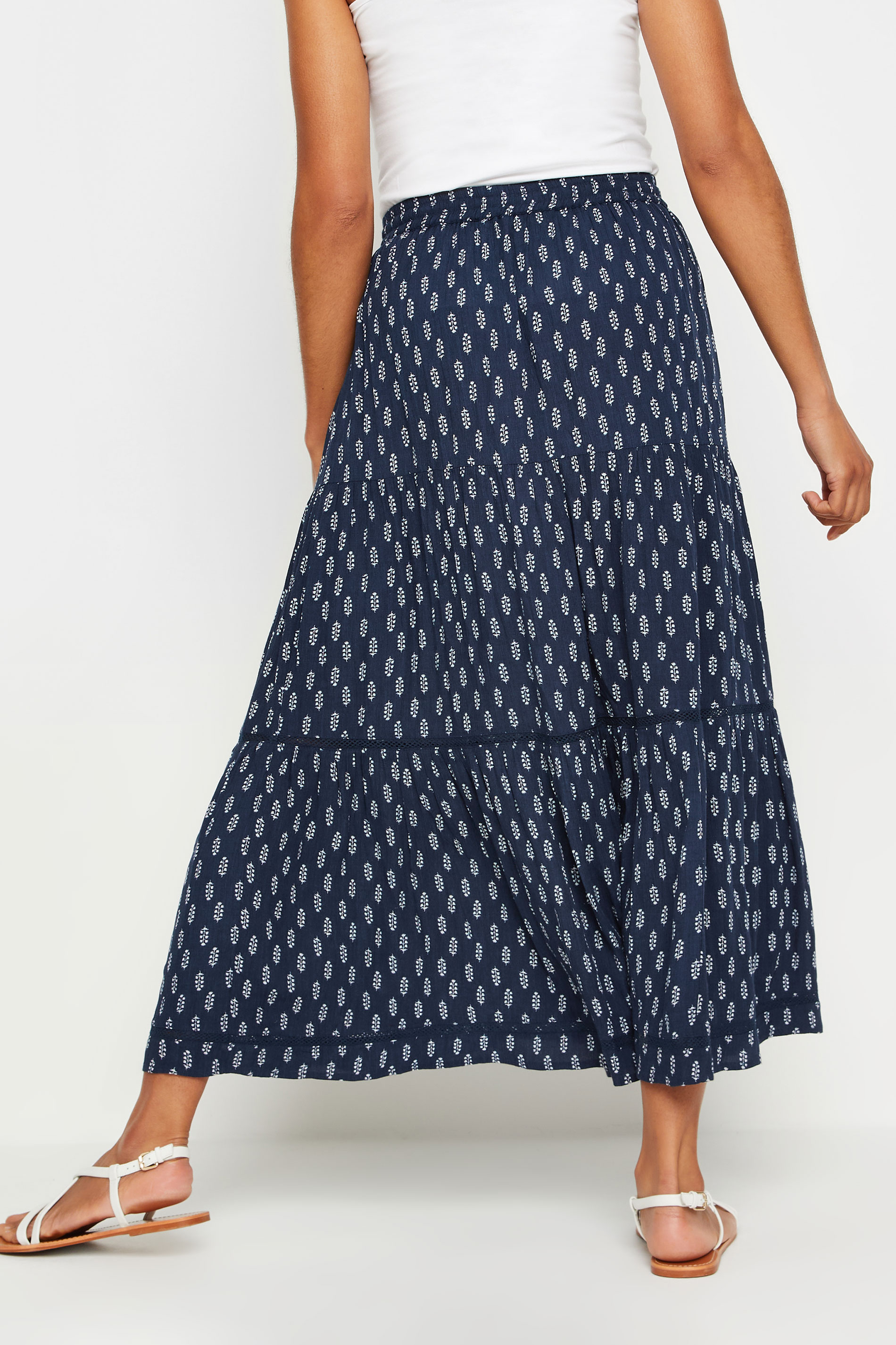 M&Co Navy Blue Floral Print Tiered Maxi Skirt | M&Co  3
