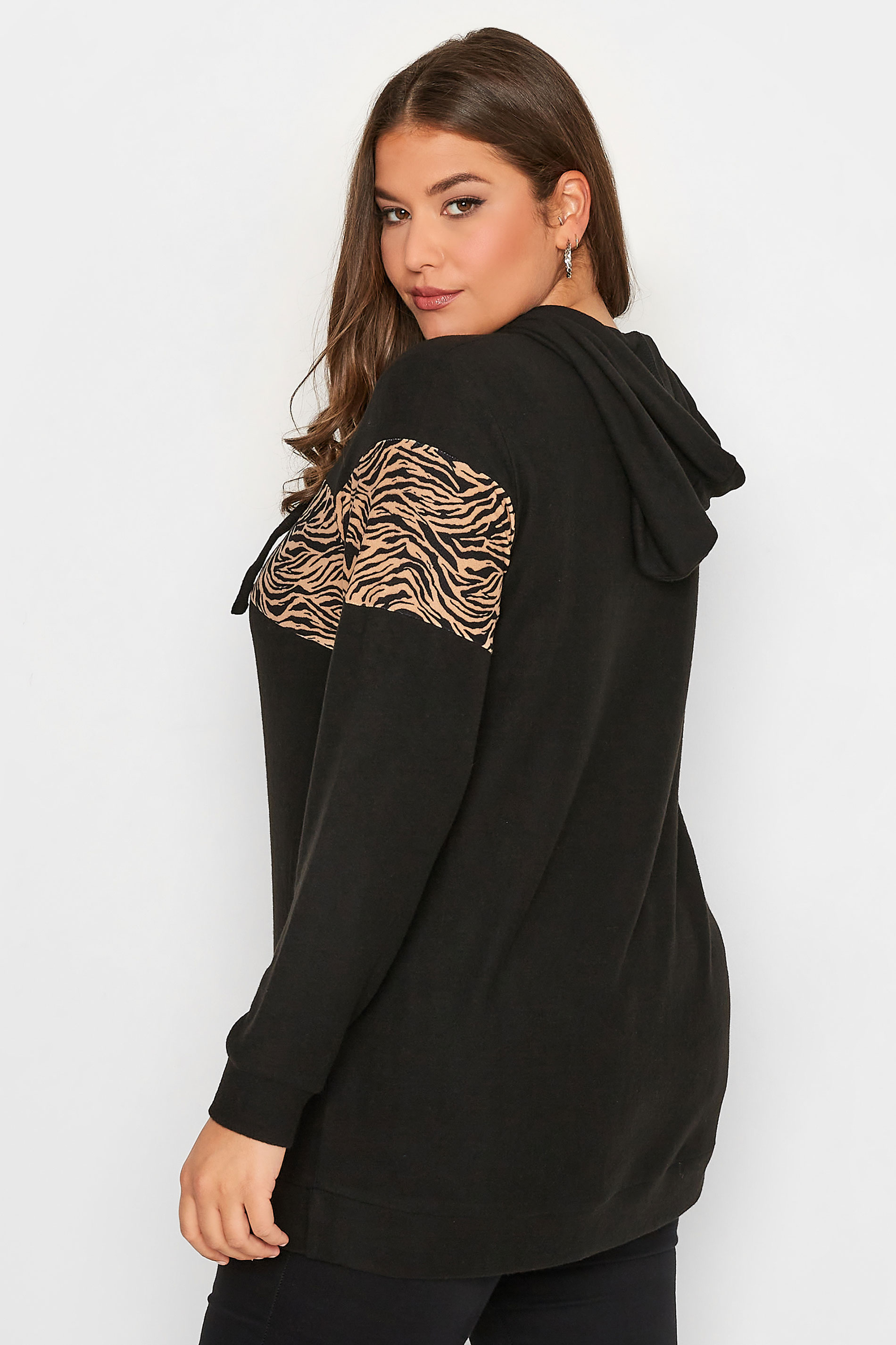 Plus Size Black Animal Print Colour Block Soft Touch Hoodie | Yours Clothing 3