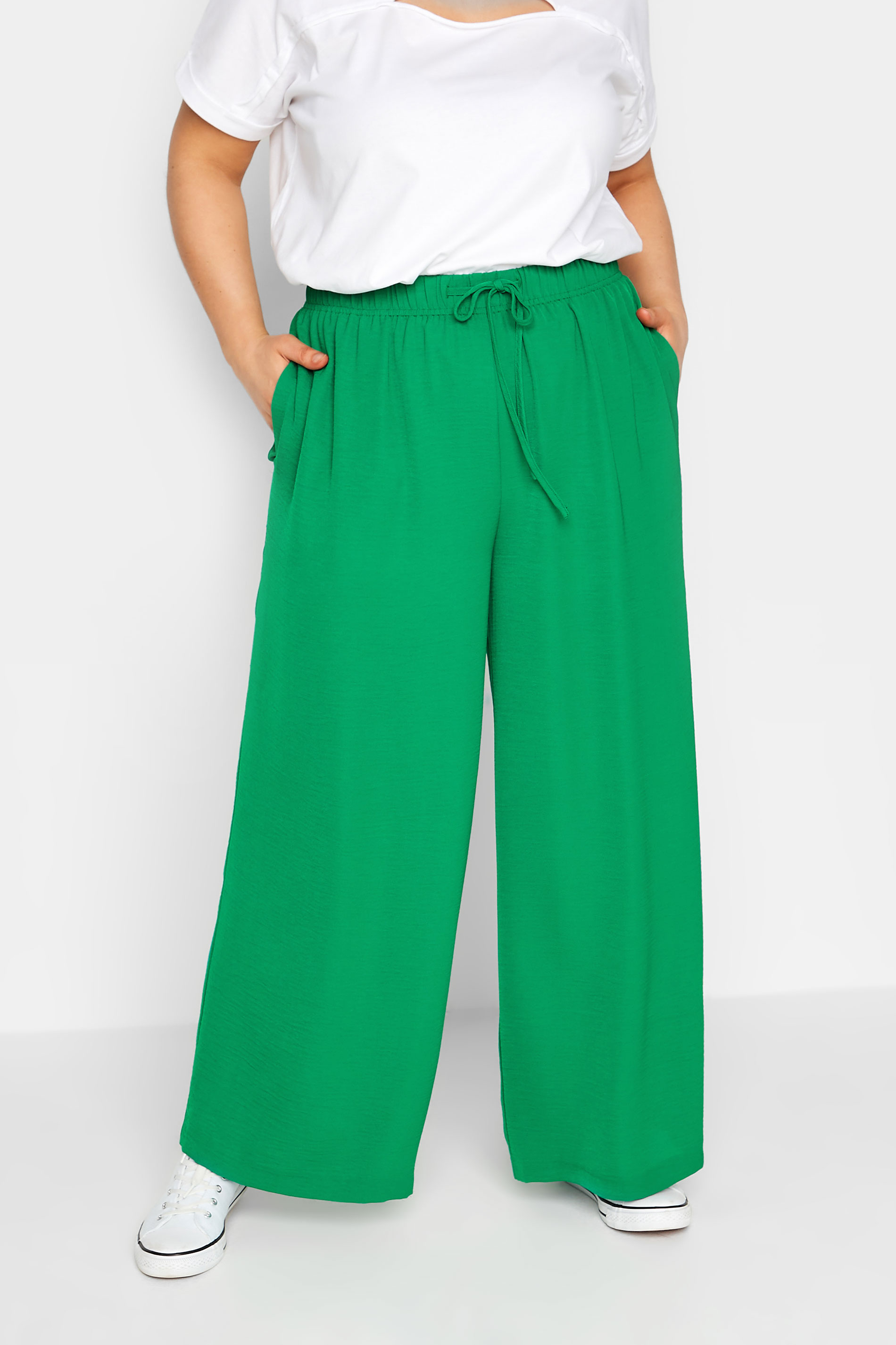 YOURS Plus Size Apple Green Washed Twill Wide Leg Trousers | Yours Clothing 1