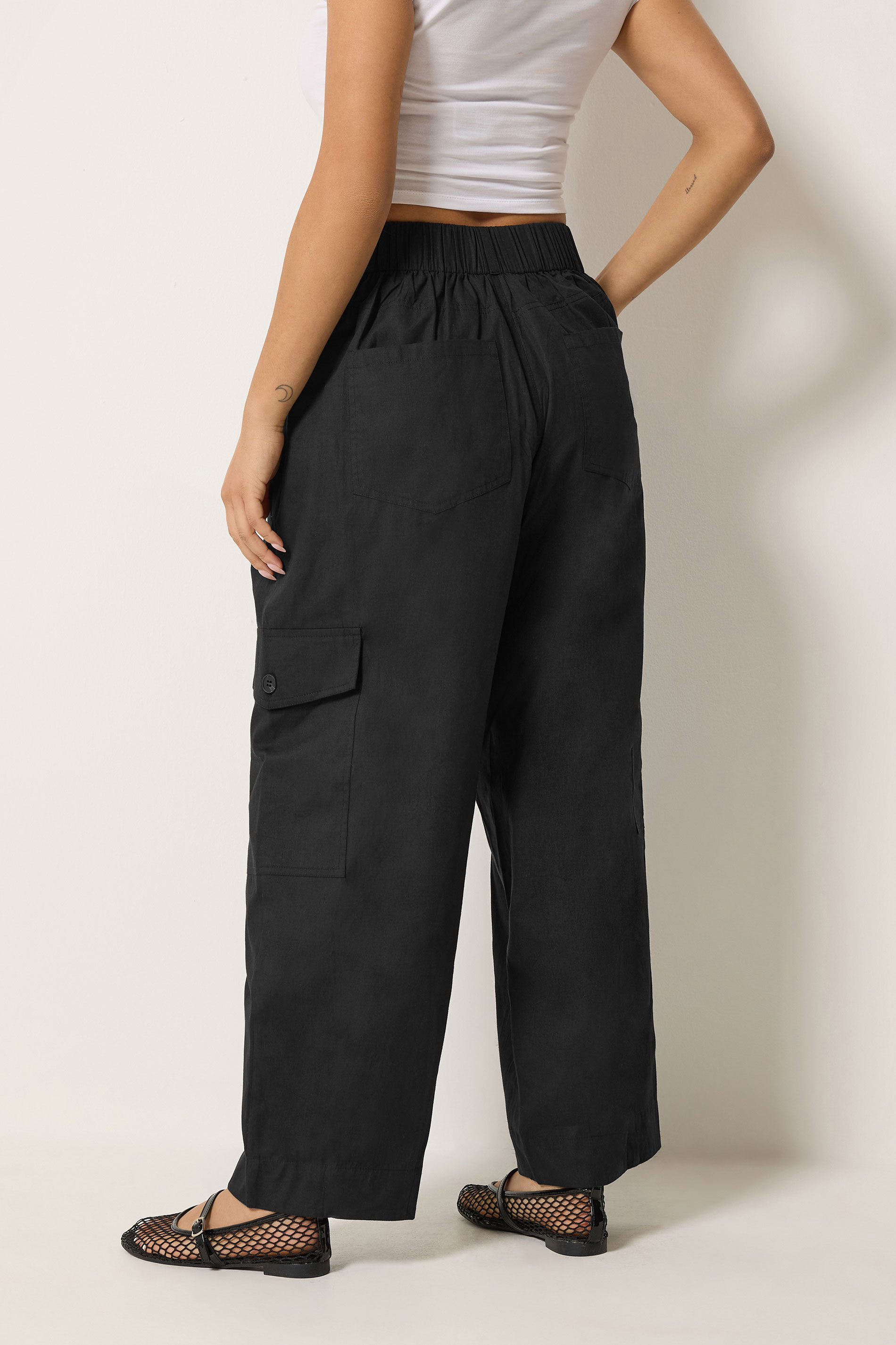 PixieGirl Petite Women's Black Poplin Cotton Cargo Barrel Leg Trousers | PixieGirl 2