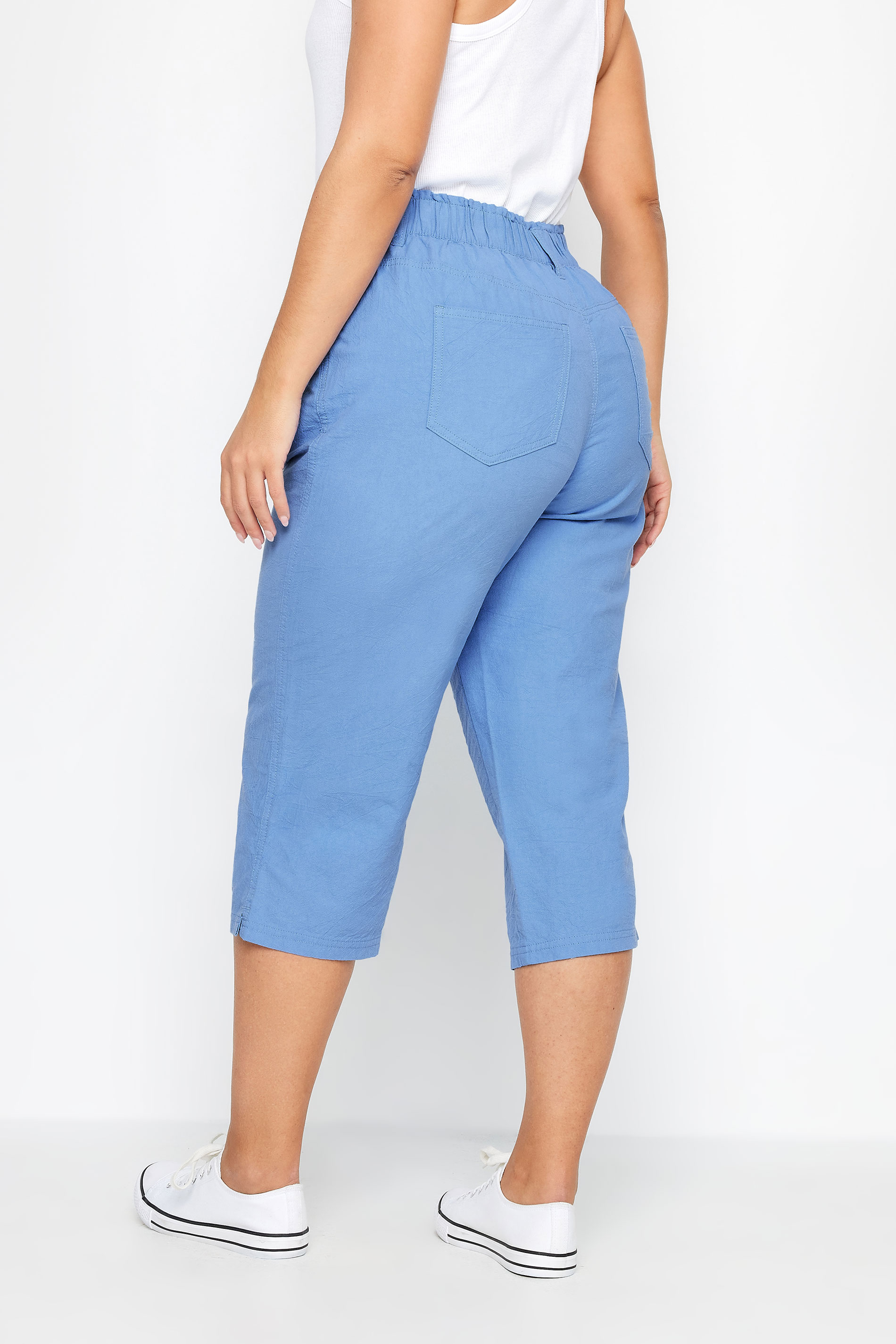 YOURS Plus Size Blue Elasticated Cool Cotton Cropped Trousers | Yours Clothing 3