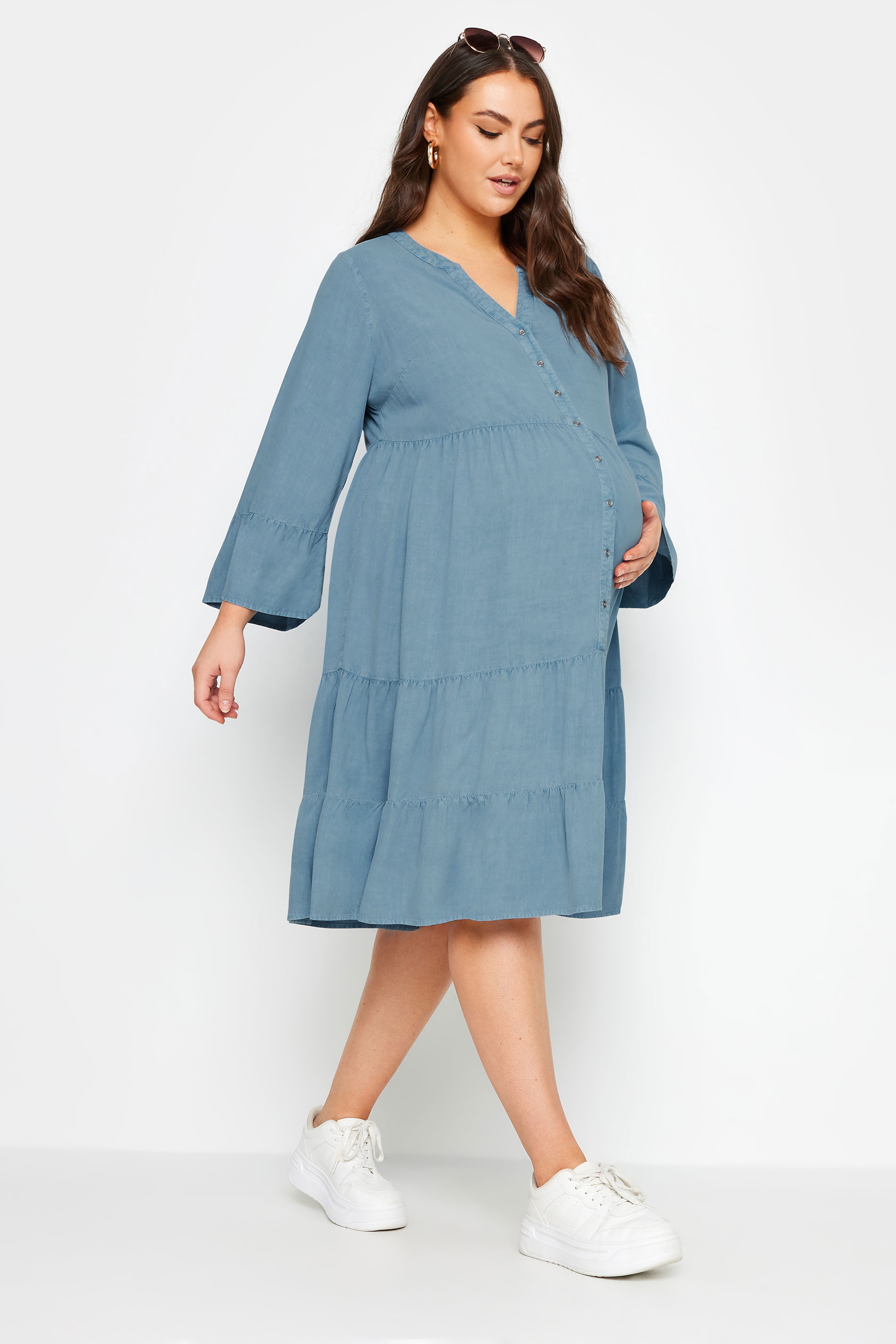 BUMP IT UP MATERNITY Plus Size Blue Tiered Midi Dress | Yours Clothing 2