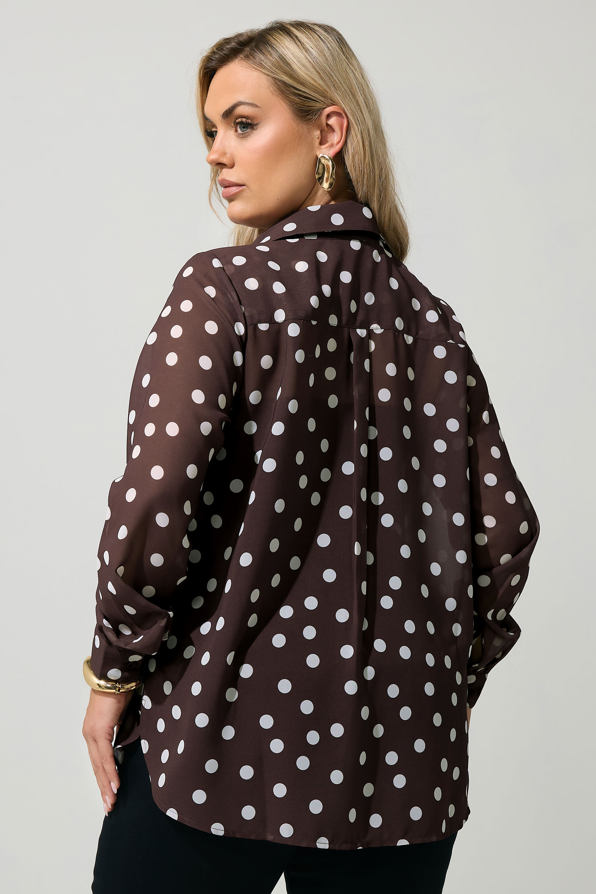 YOURS LONDON Plus Size Chocolate Brown Polka Dot Shirt | Yours Clothing 2