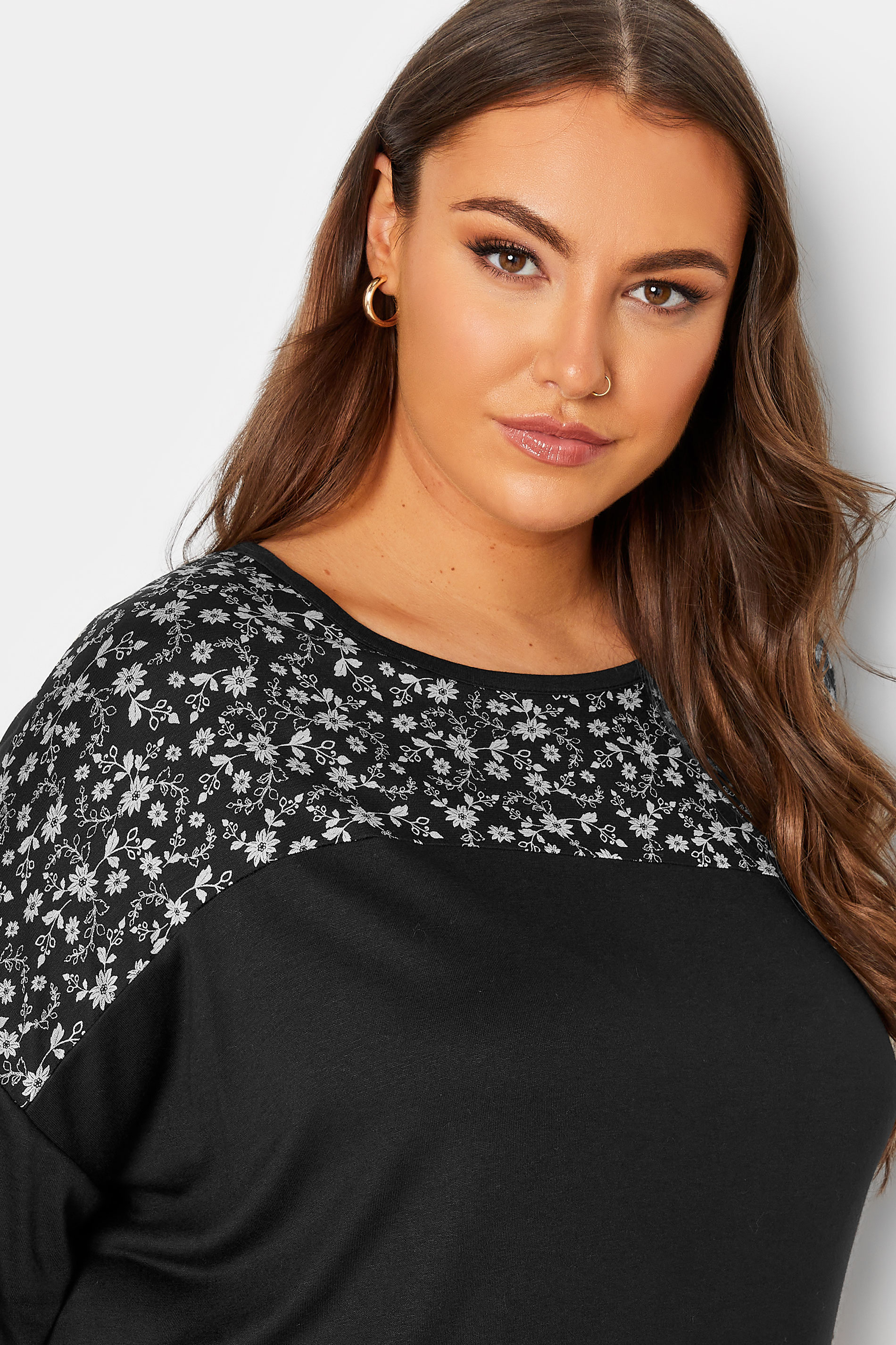 Yours Plus Size Black Floral Print Panel Top Yours Clothing 9209