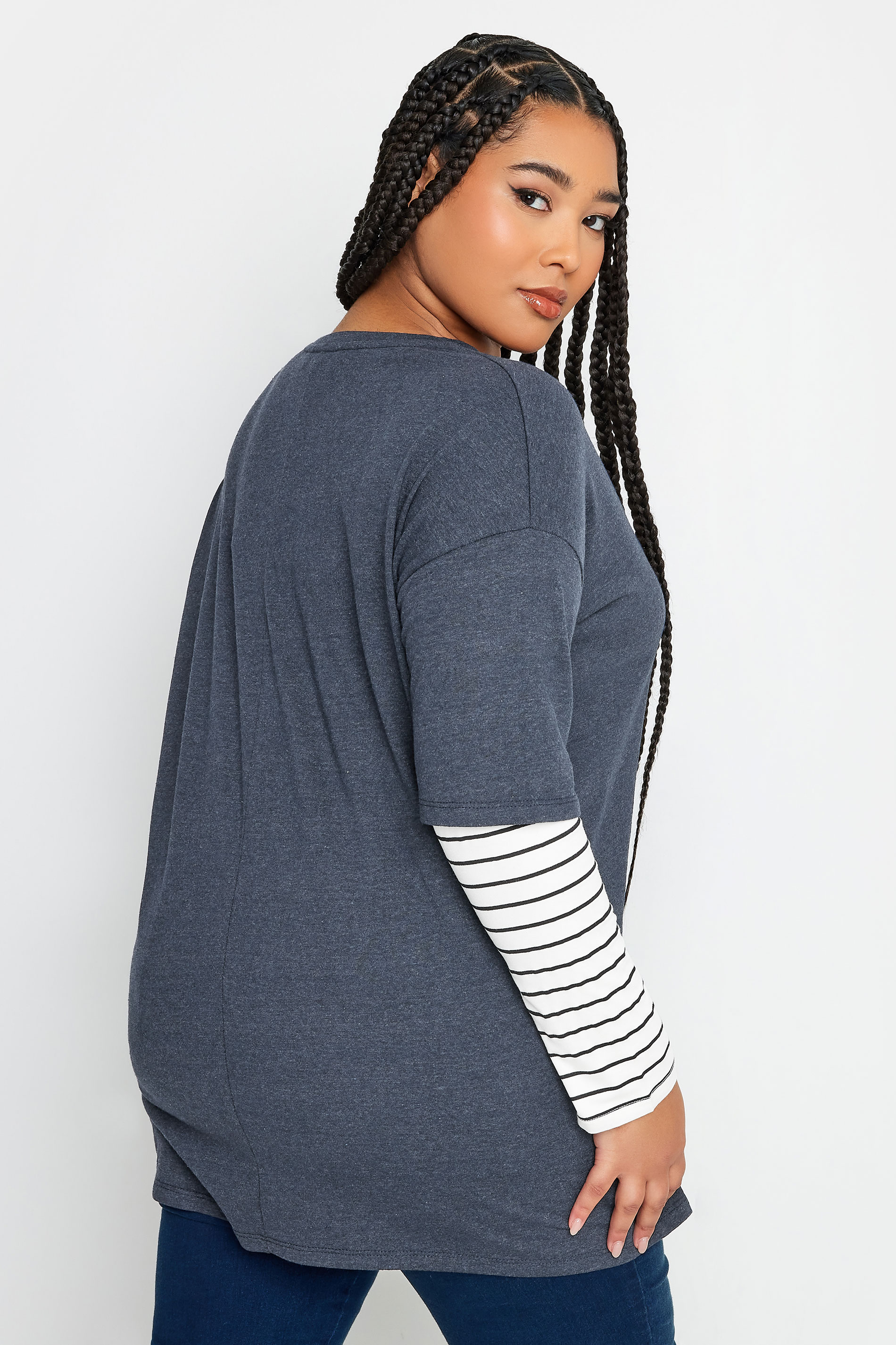 YOURS Plus Size Navy Blue Stripe Sleeve Double Layer T-Shirt | Yours Clothing 3
