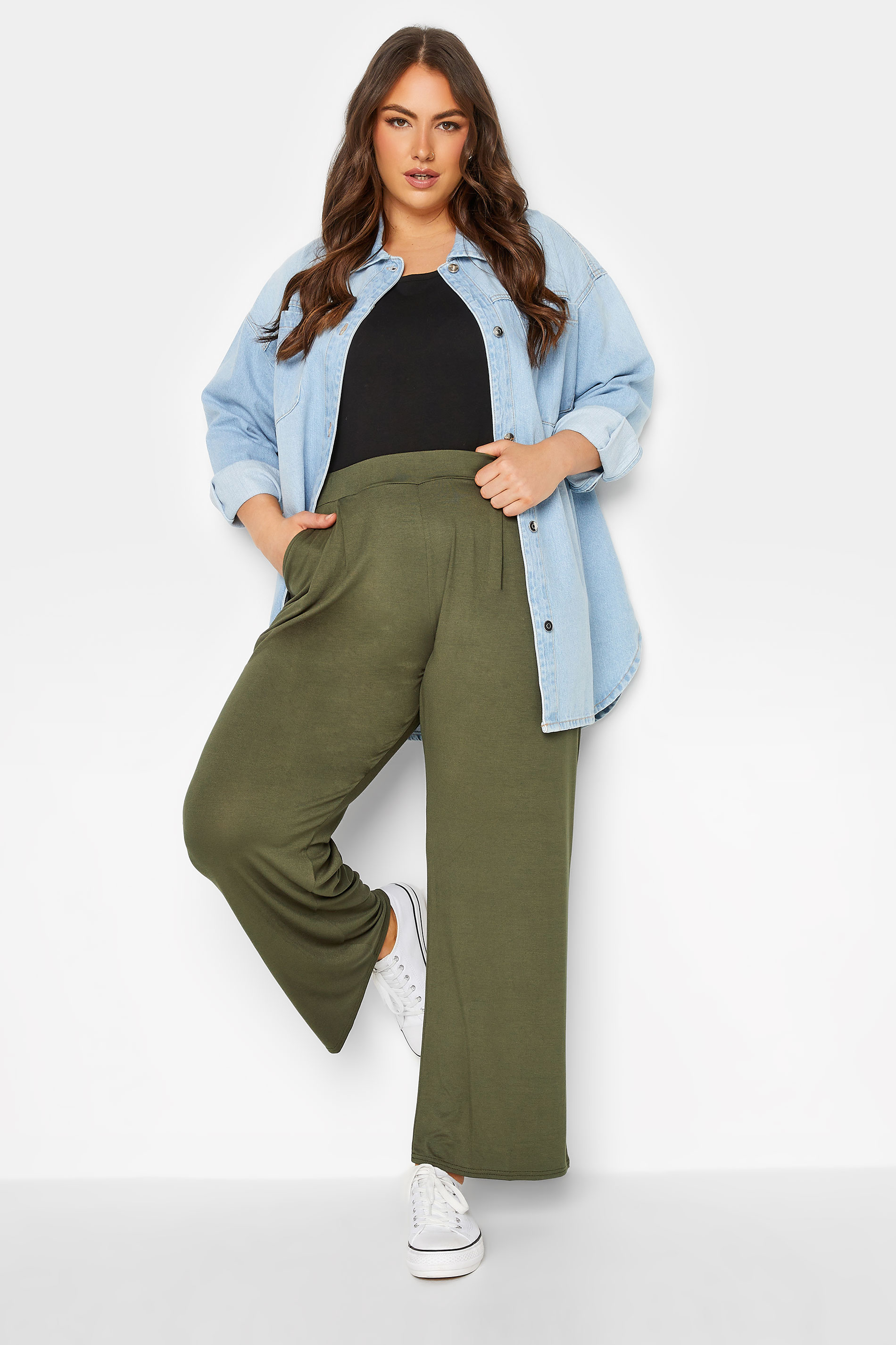 YOURS Plus Size Khaki Green Pleat Front Wide Leg Trousers | Yours Clothing 2