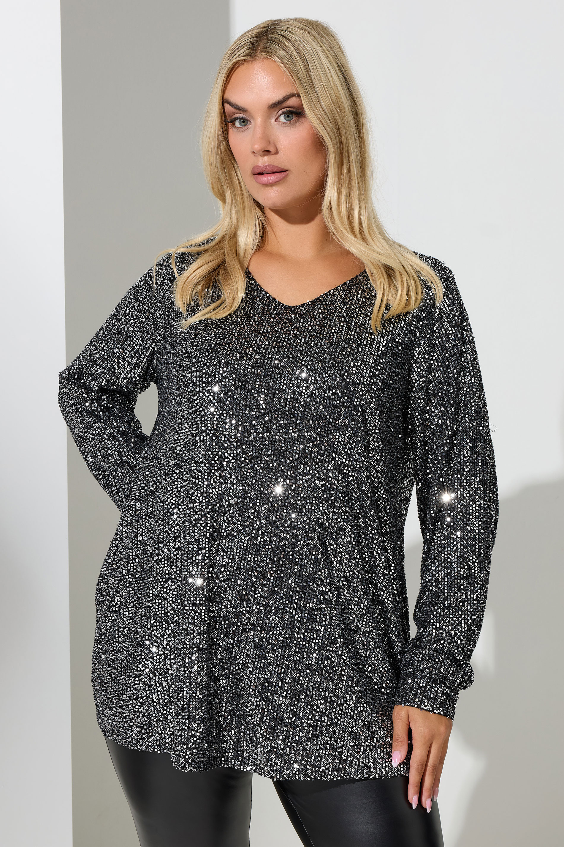 Silver Yours London Curve Sequin Vneck Top, Women's Curve & Plus Size, Yours London