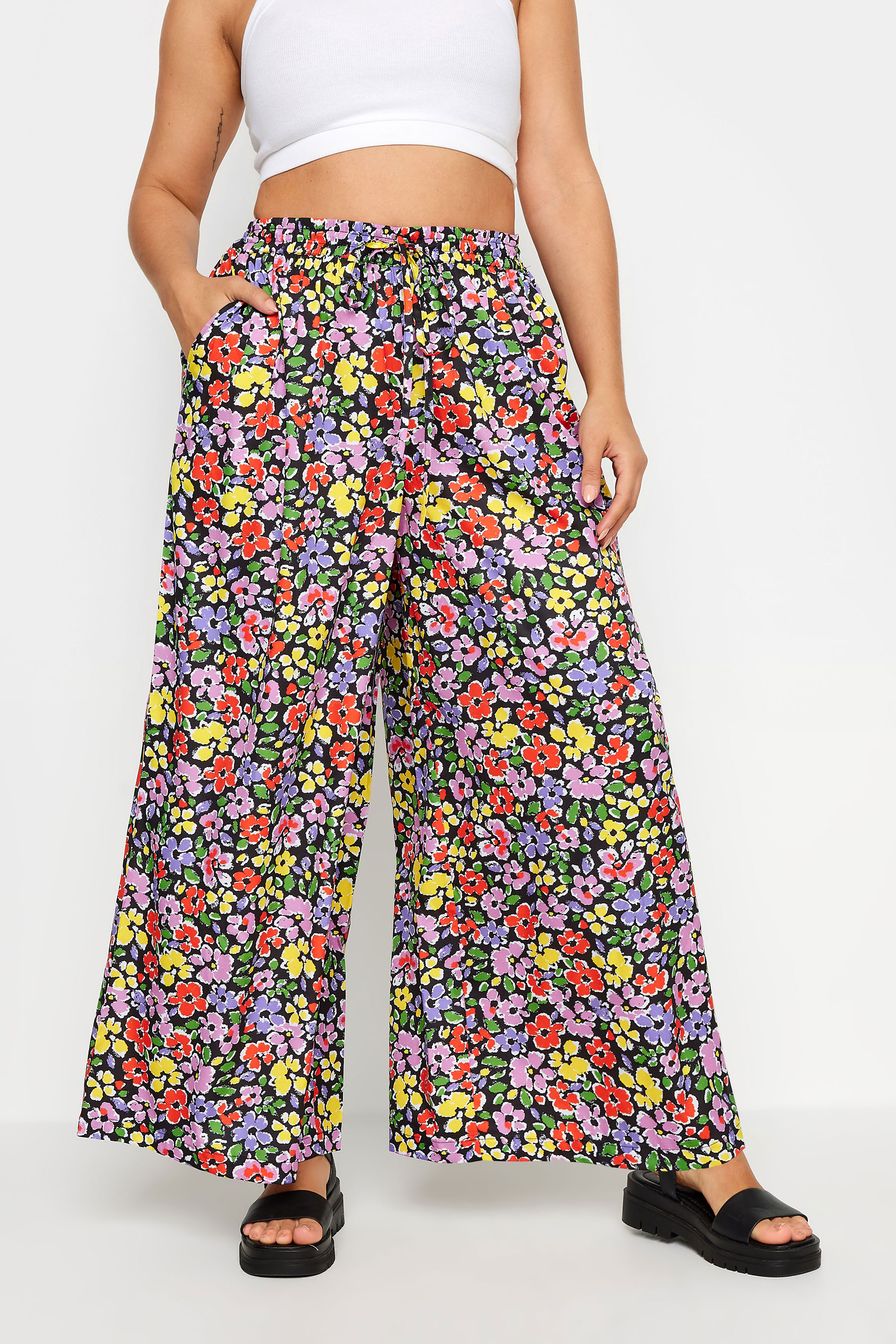 LIMITED COLLECTION Plus Size Black Ditsy Floral Print Drawstring Wide Leg Trousers | Yours Clothing 1