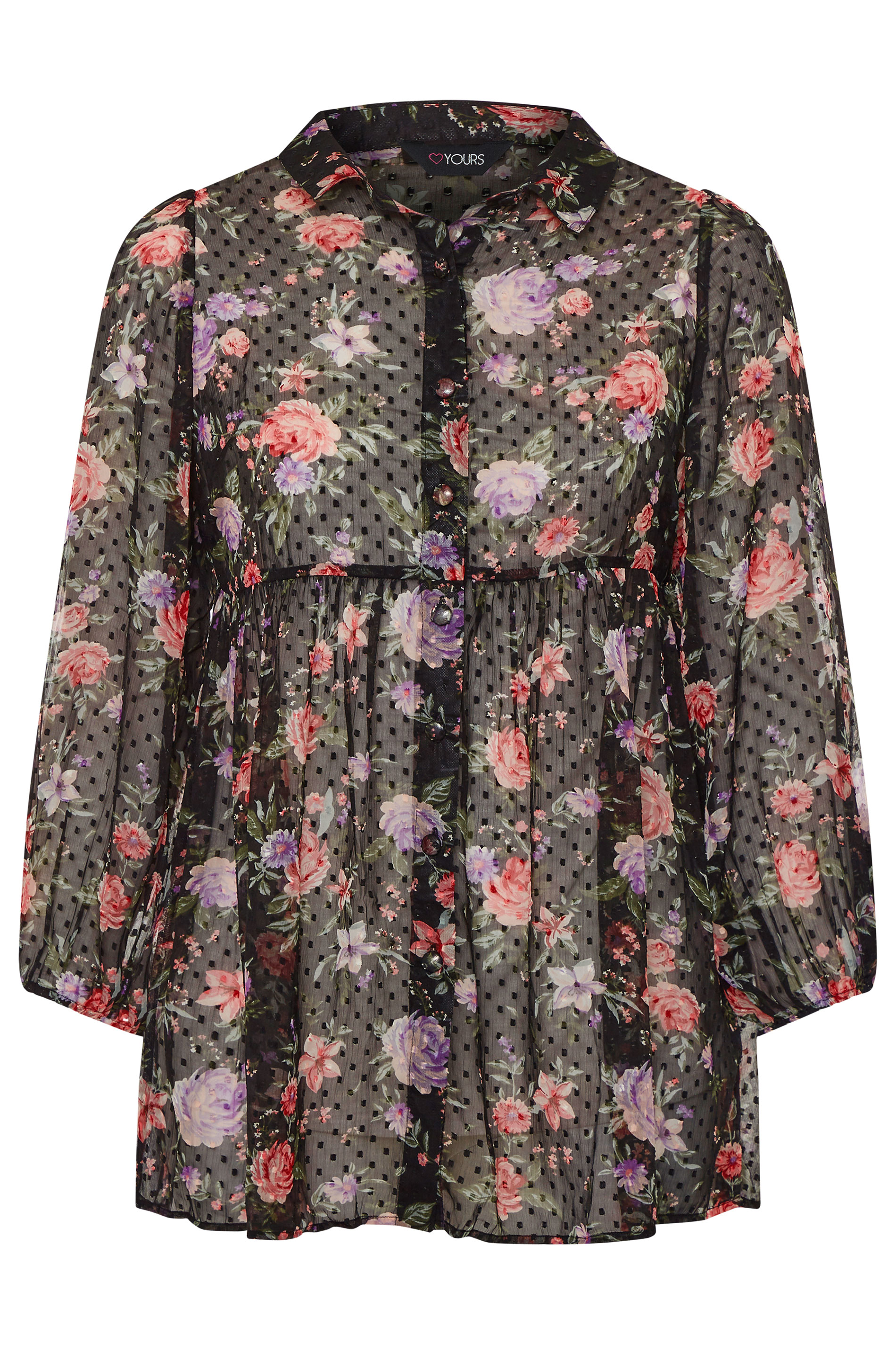Black Floral Peplum Dobby Chiffon Shirt | Yours Clothing