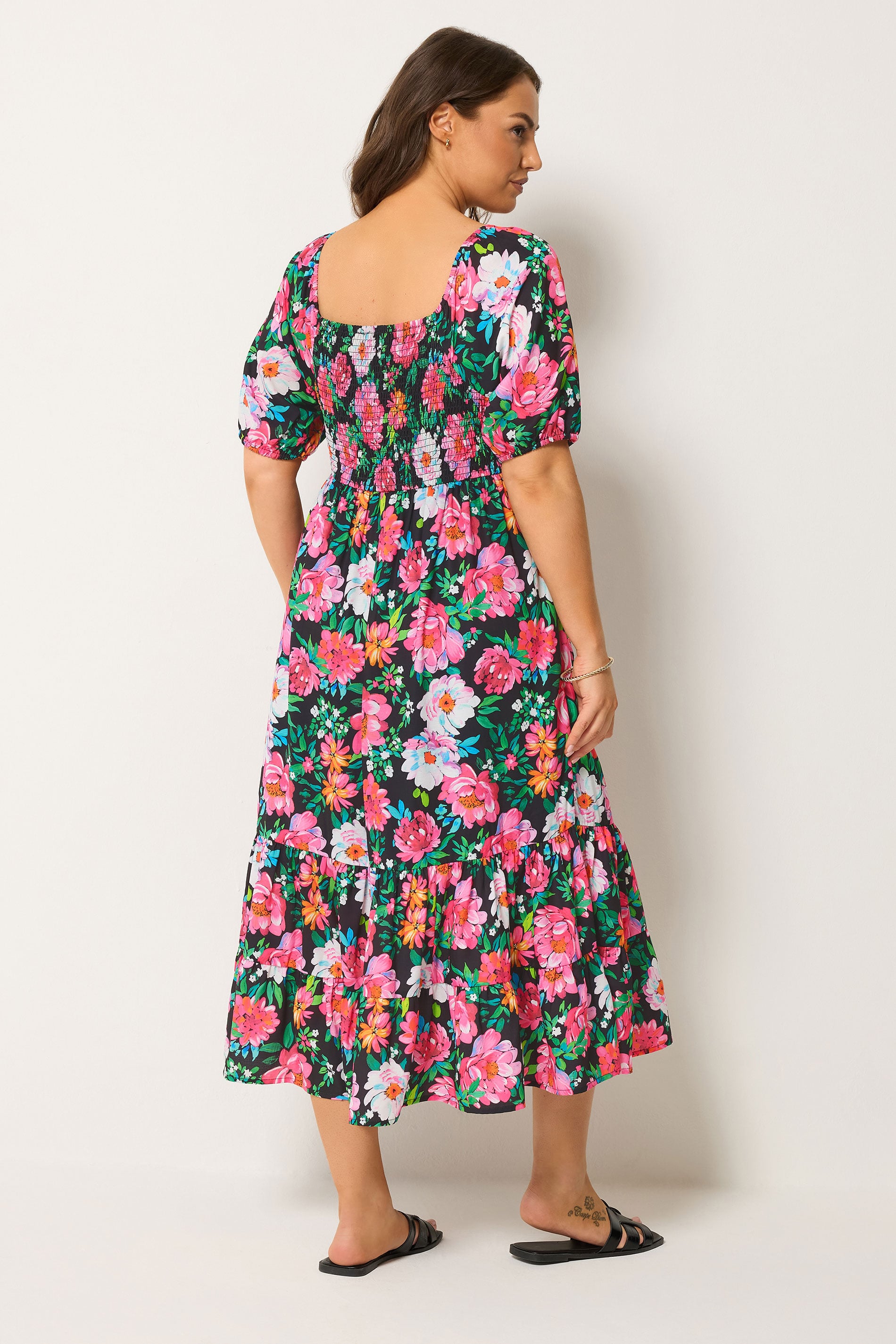YOURS Plus Size Black Floral Milkmaid Midi Dress | Yours Clothing 4