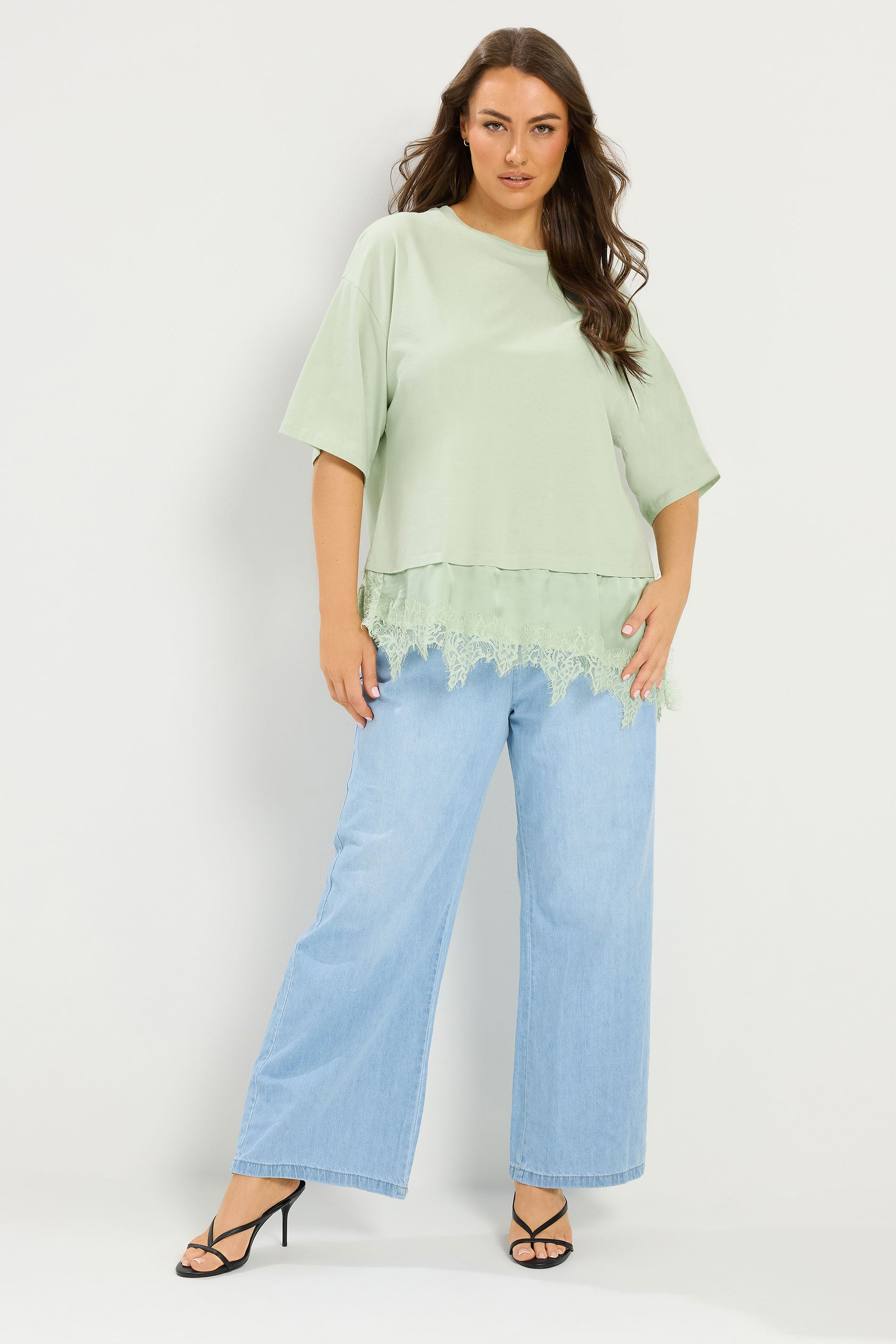 YOURS Plus Size Green Satin Lace Trim T-Shirt | Yours Clothing 1