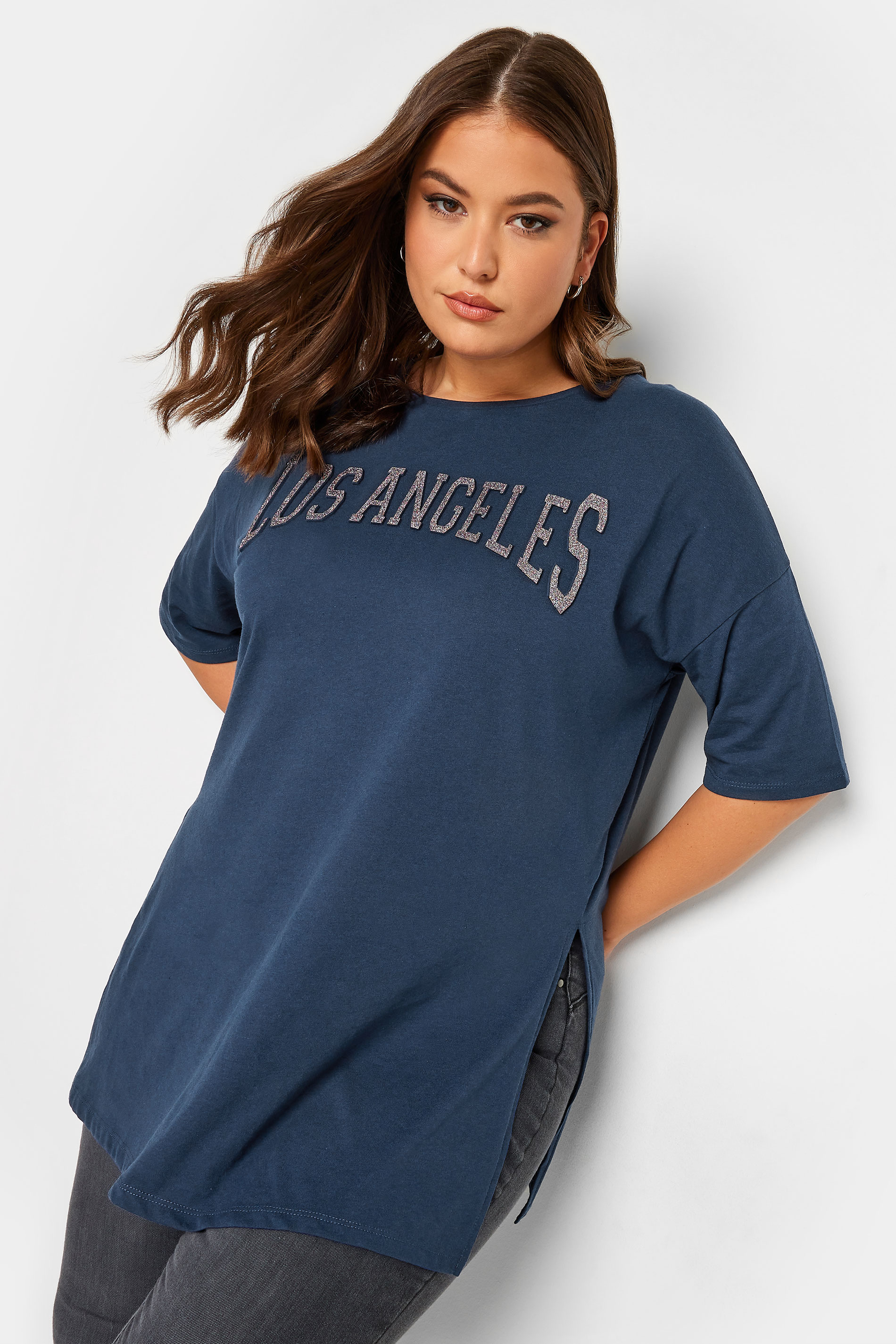 YOURS Curve Blue 'Los Angeles' Glitter Embossed T-Shirt | Yours Clothing  1