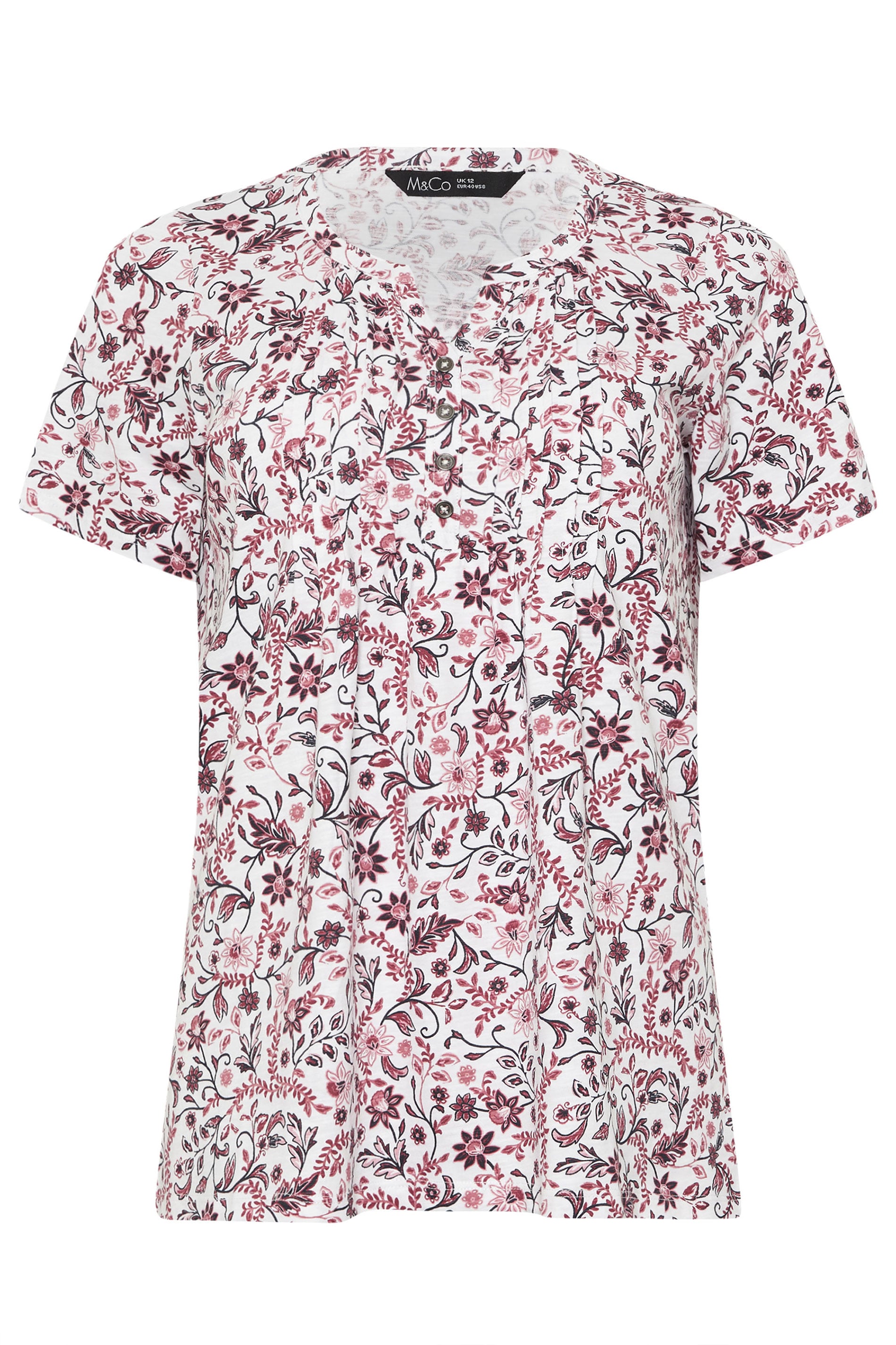 M&Co Pink Floral Short Sleeve Henley Top | M&Co 5