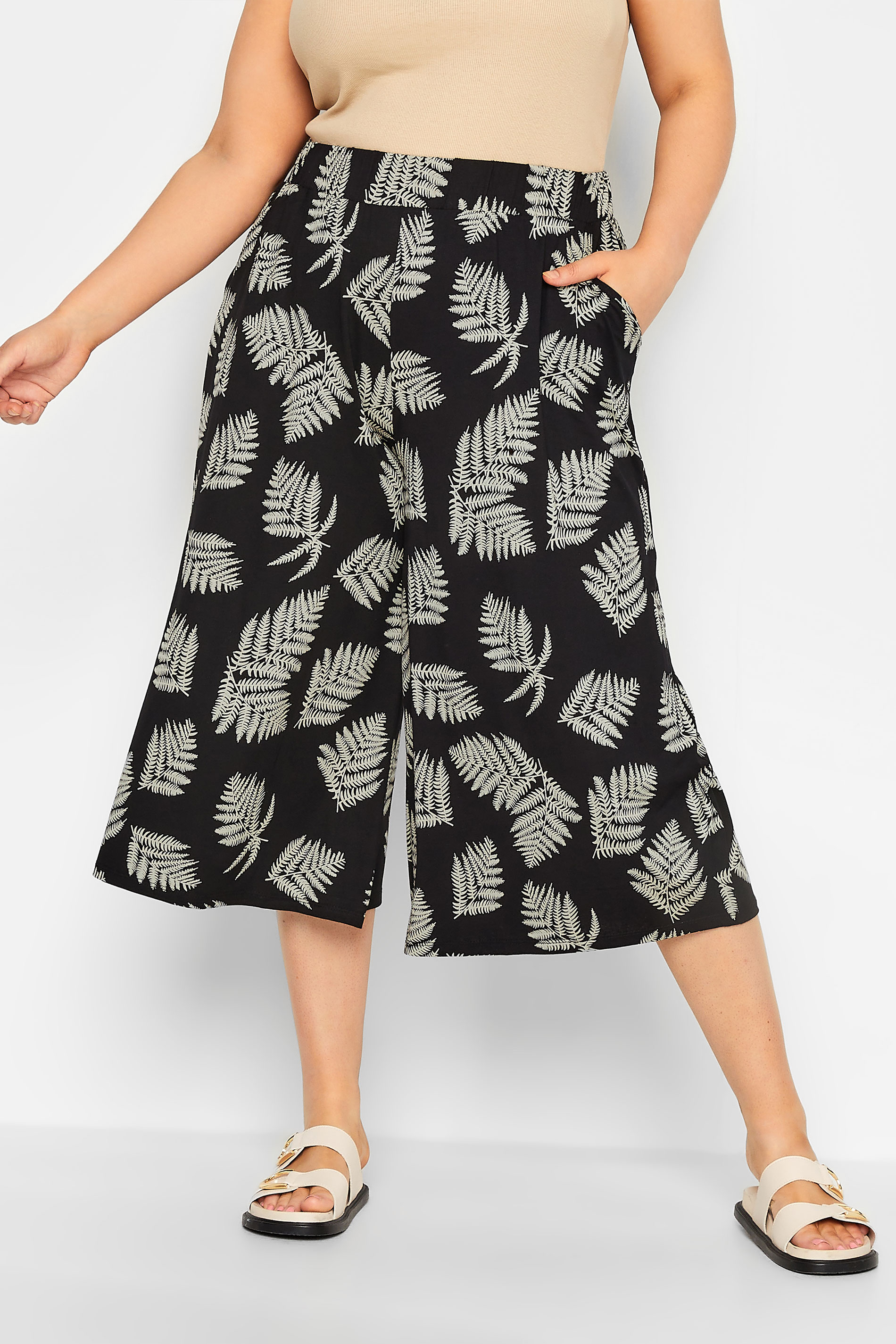 YOURS Curve Black & Natural Leaf Print Midaxi Culottes | Yours Clothing 1