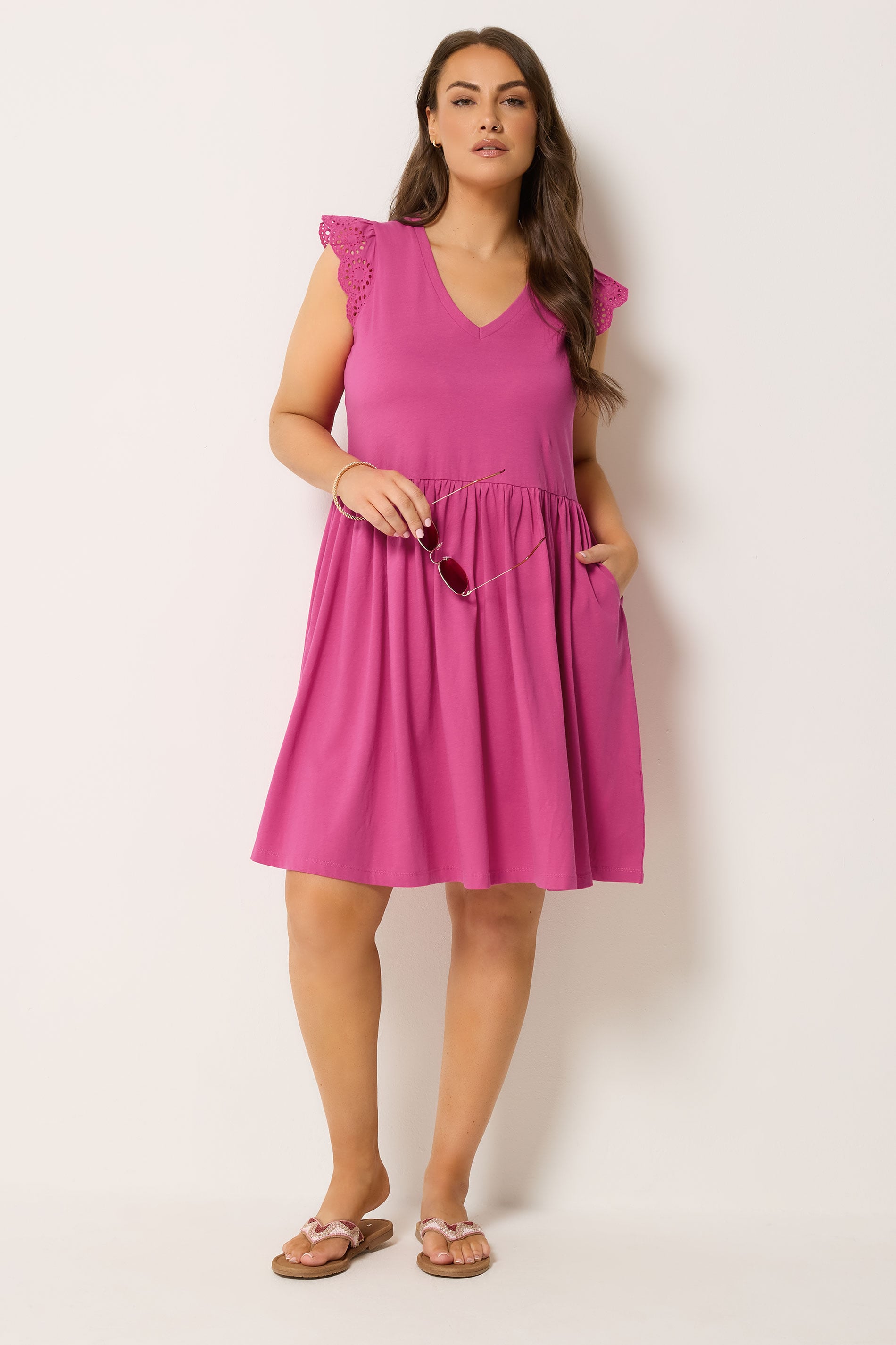 YOURS Plus Size Pink Broderie Anglaise Peplum Dress | Yours Clothing 1