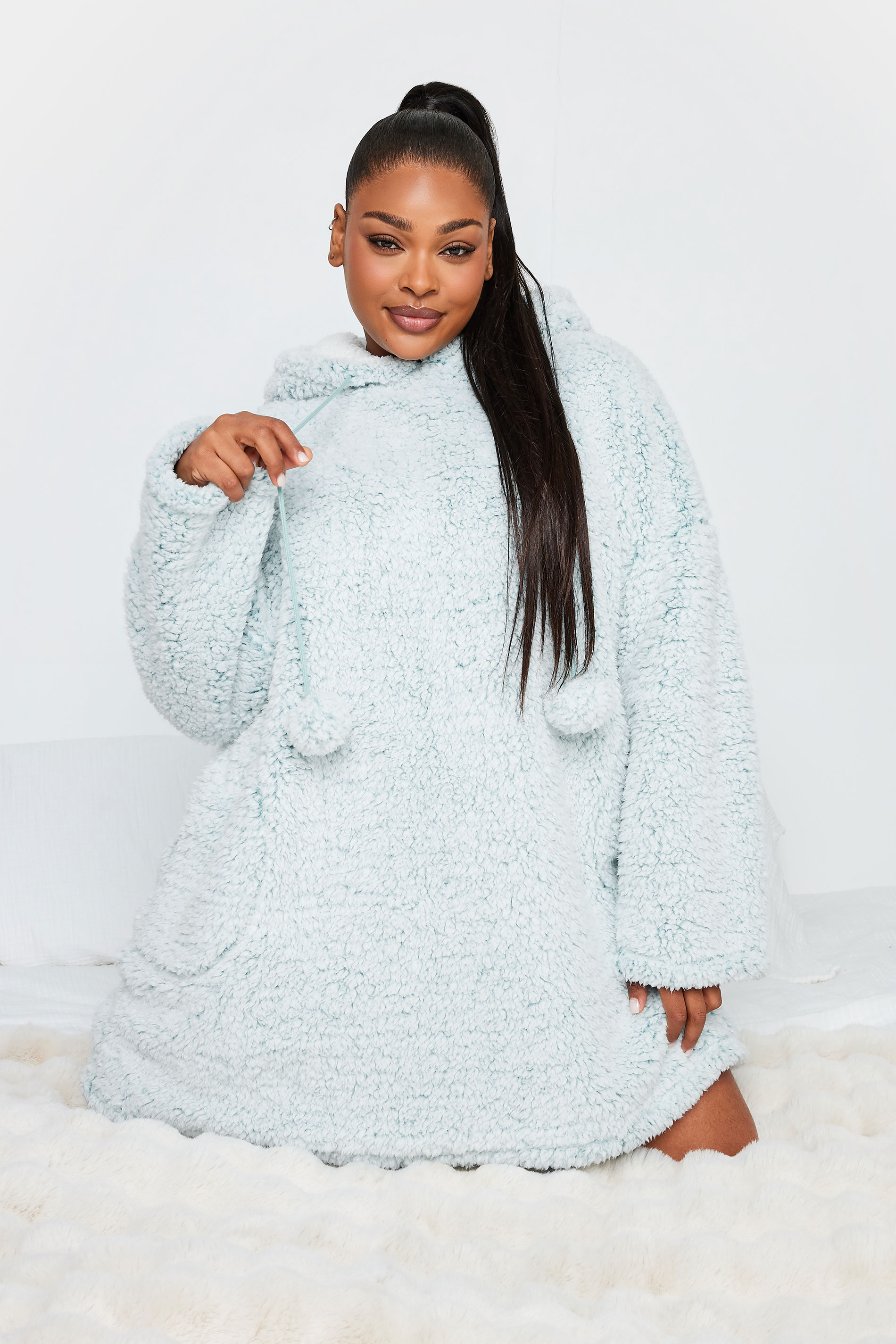 YOURS Plus Size Light Blue Teddy Drawstring Snuggle Hoodie | Yours Clothing 2