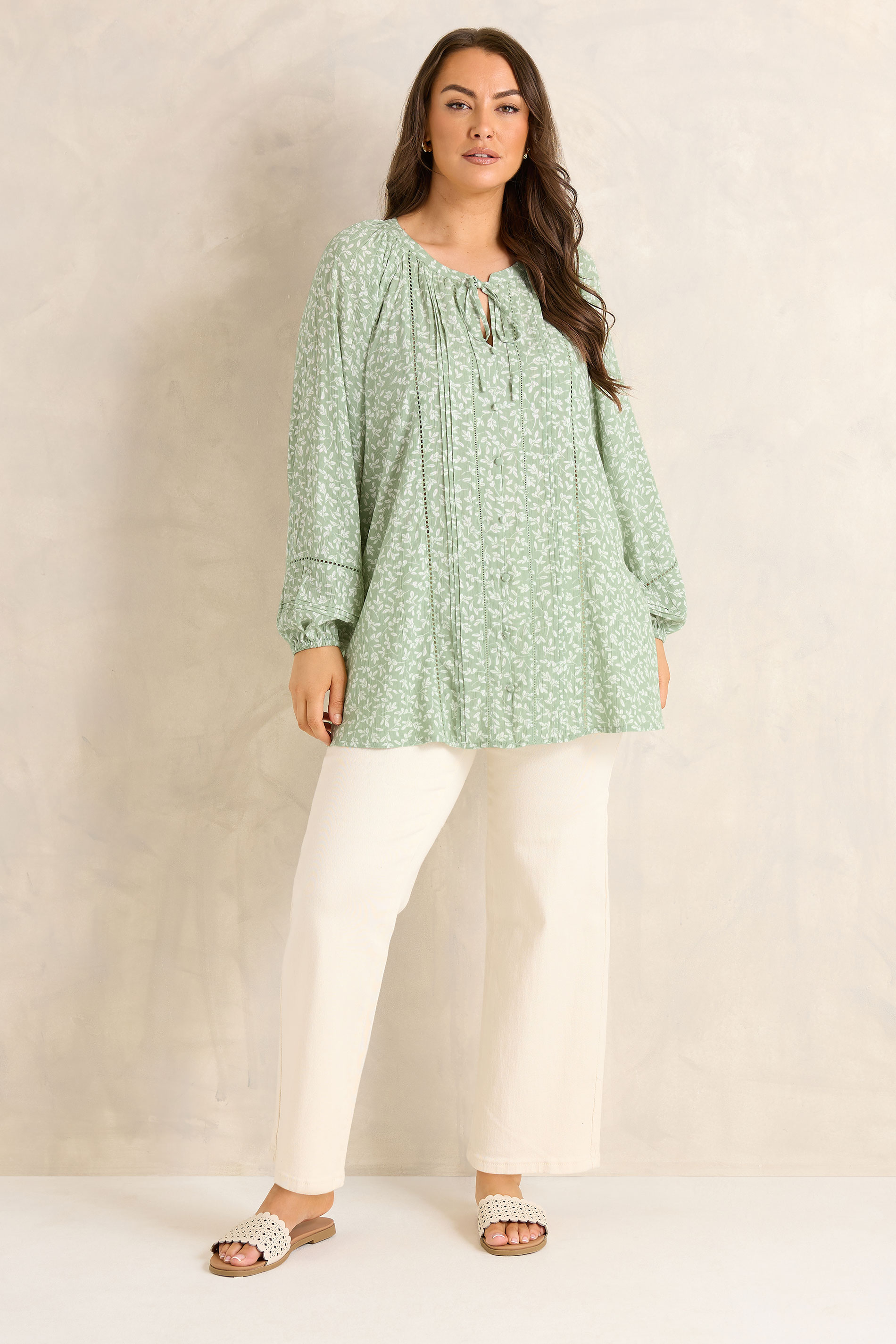 EVANS Plus Size Sage Green Ditsy Tie Neck Blouse | Evans 1