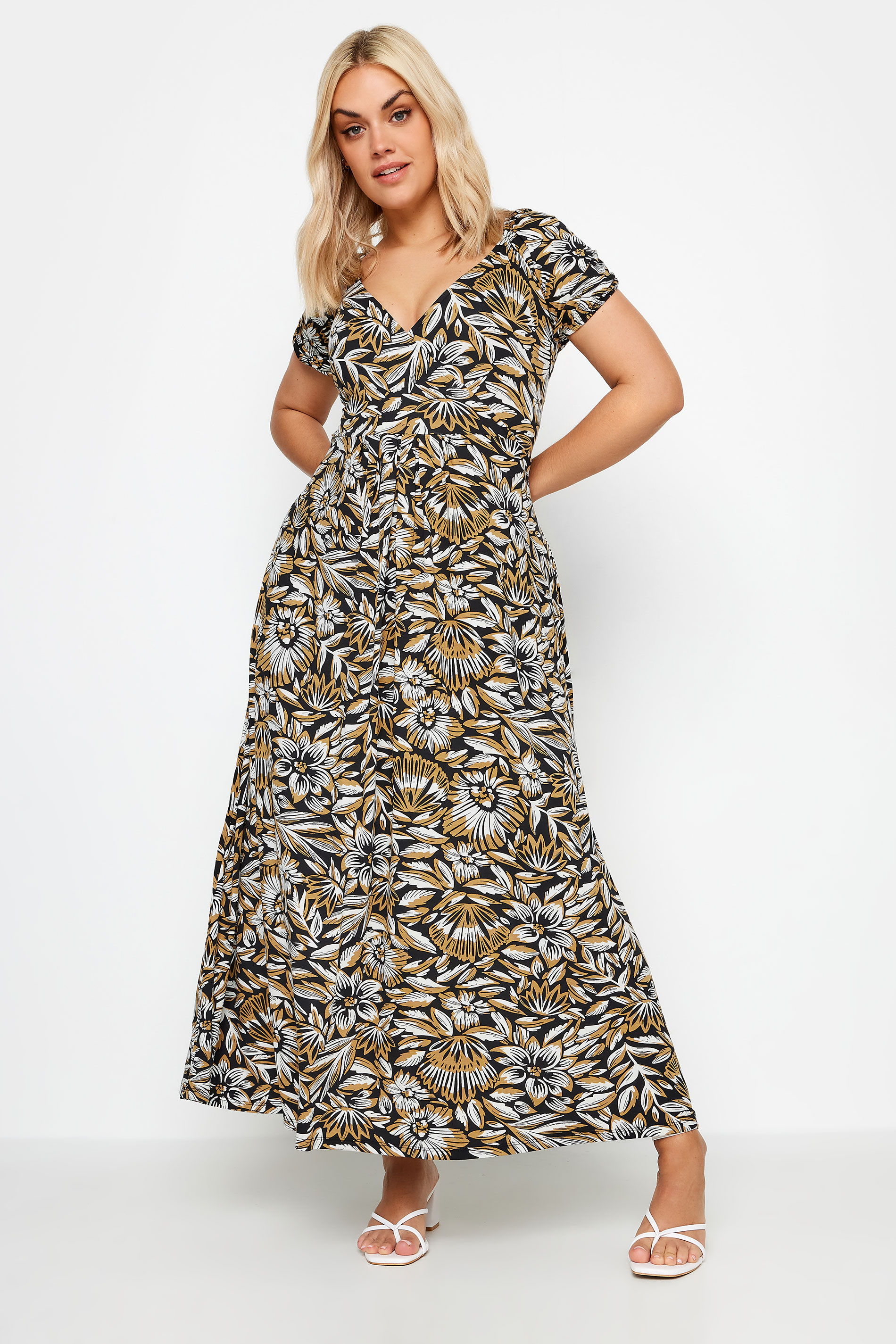 YOURS Plus Size Black Leaf Print Tiered Maxi Dress | Yours Clothing 1
