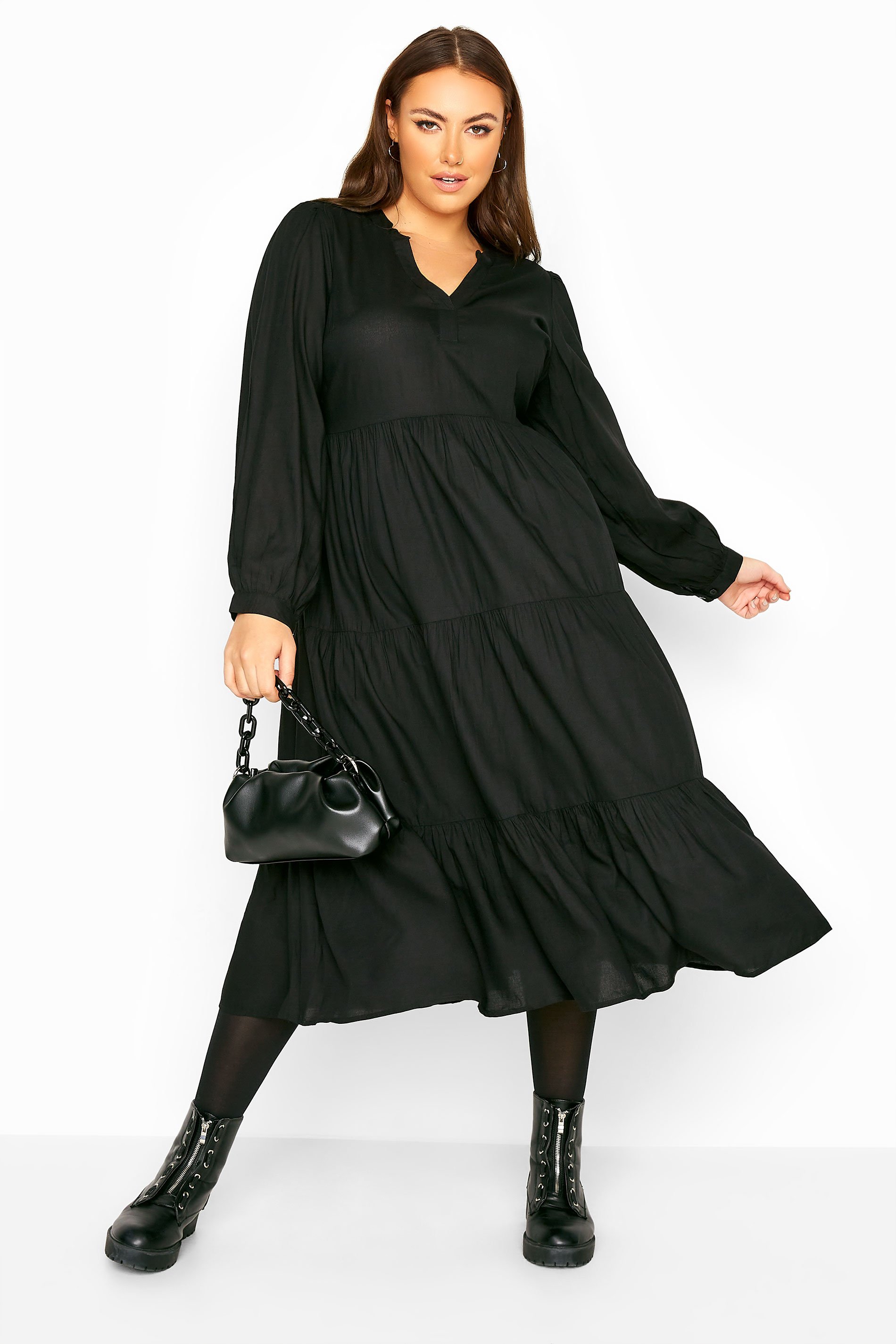 LIMITED COLLECTION Black Tiered Smock Midi Dress | Yours Clothing