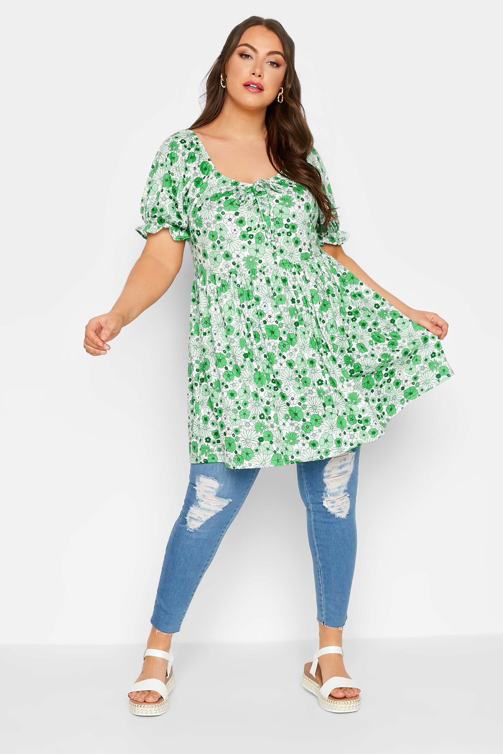 LIMITED COLLECTION Plus Size Green Floral Puff Sleeve Top | Yours Clothing 2