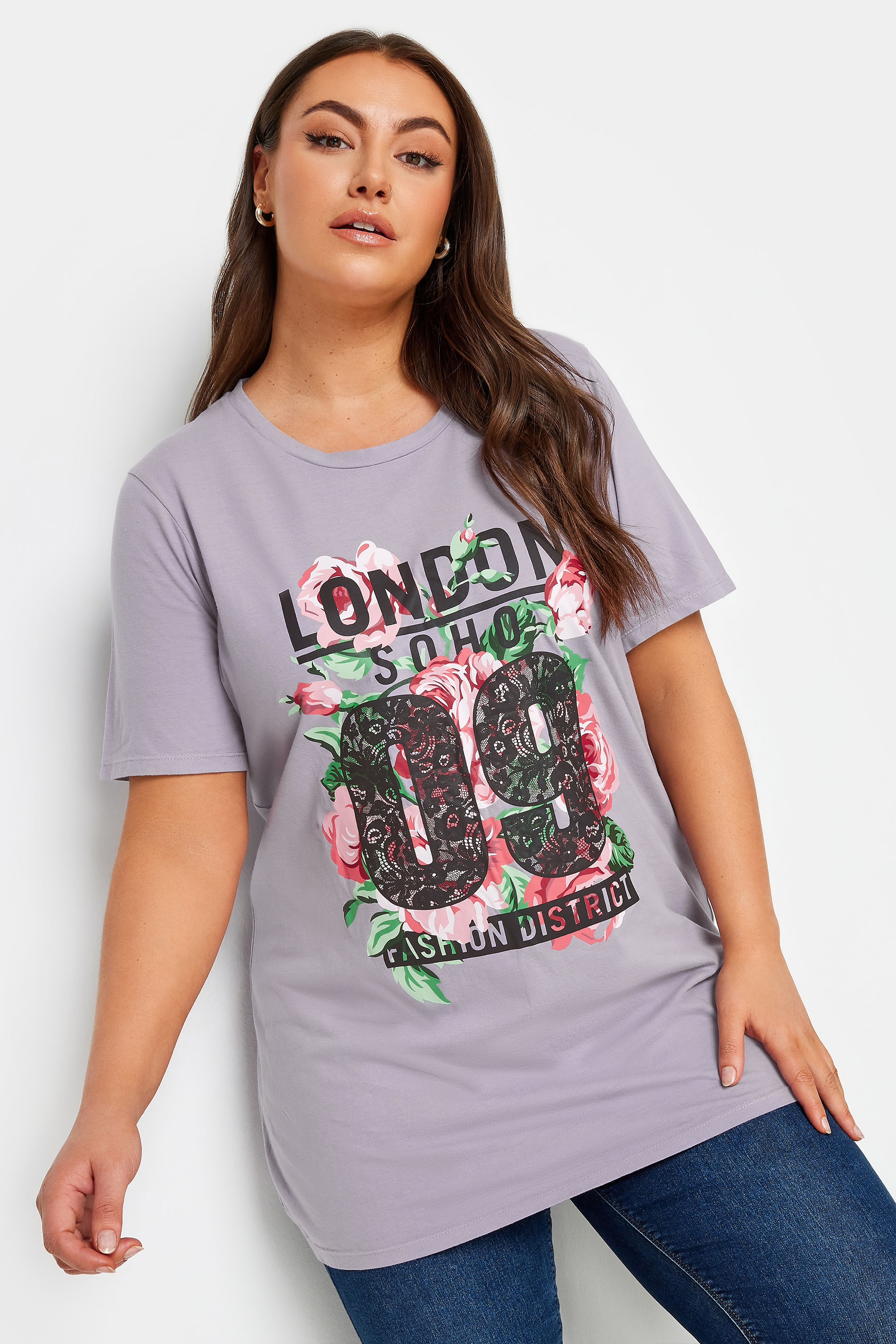 YOURS Plus Size Pink Acid Wash 'London' Rose Print T-Shirt | Yours Clothing 1