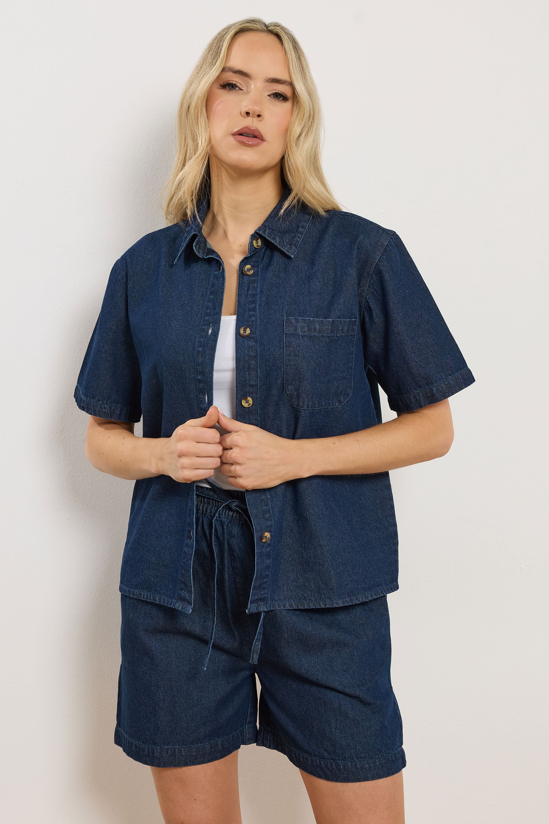 LTS Tall Women's Indigo Blue Denim Short Sleeve Cotton Shirt | Long Tall Sally 1