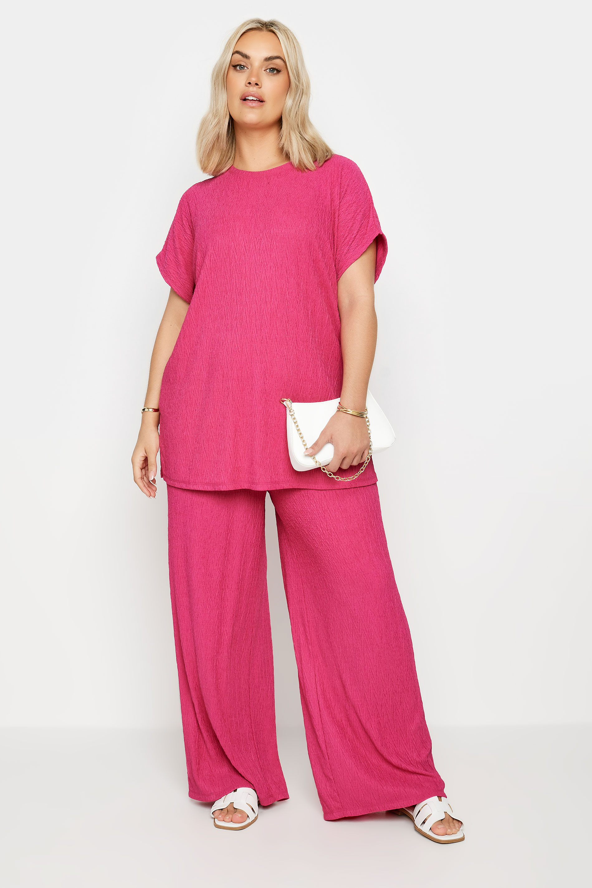 YOURS Plus Size Pink Crinkle Plisse Wide Leg Trousers | Yours Clothing 2