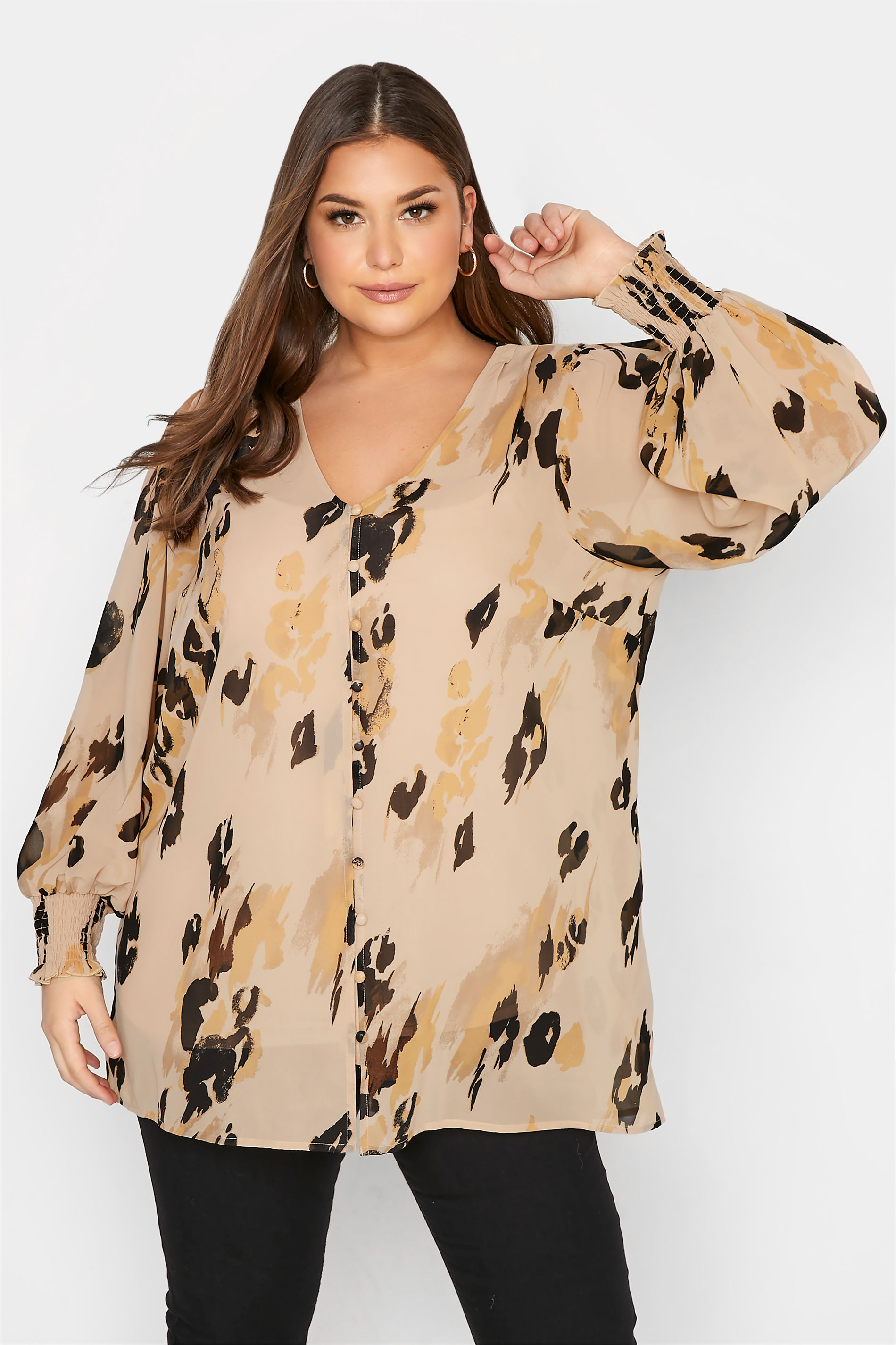 YOURS LONDON Plus Size Brown Leopard Print Balloon Sleeve Shirt | Yours Clothing  1