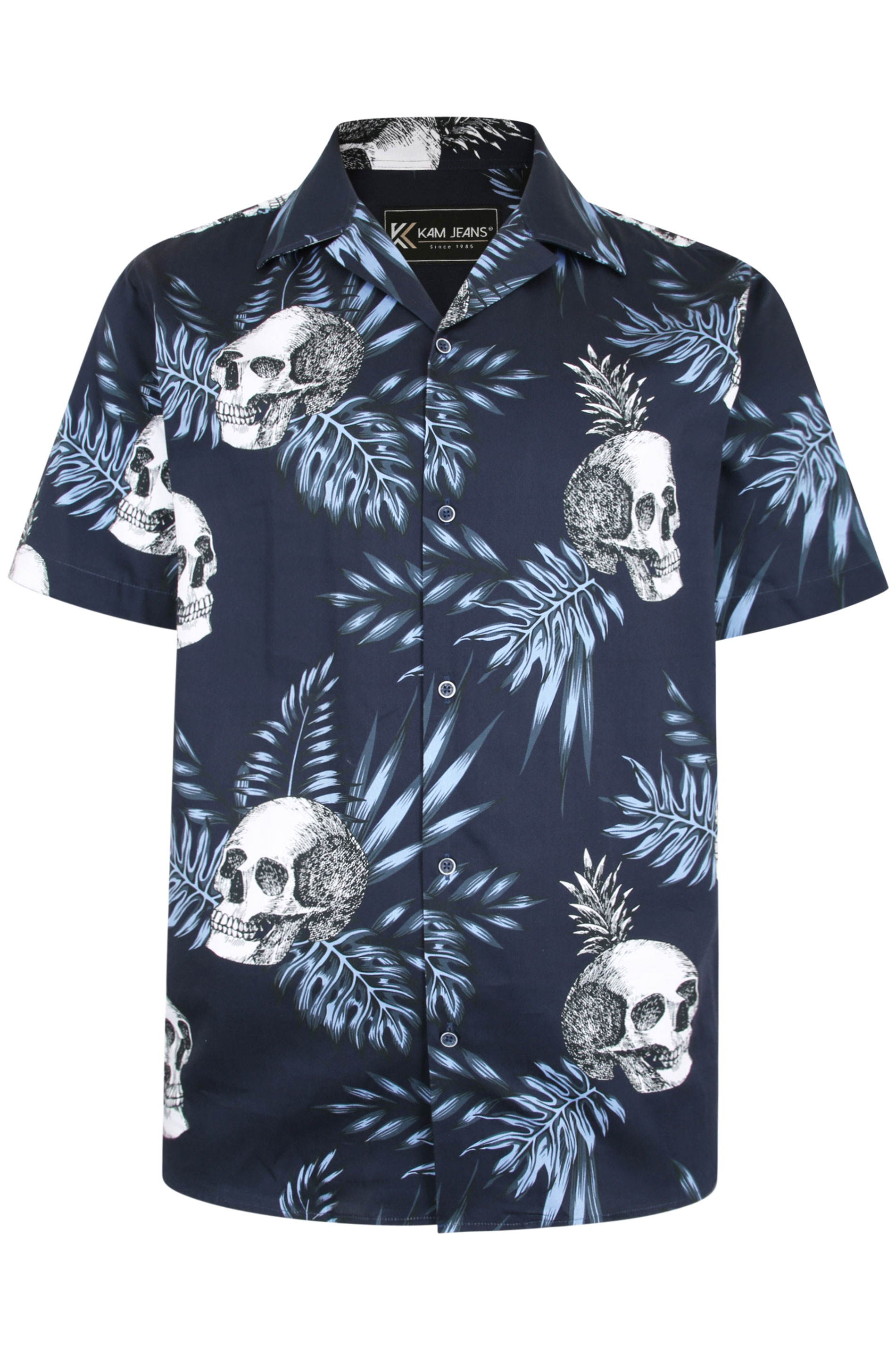KAM Navy Blue Skull Leaf Print Shirt 