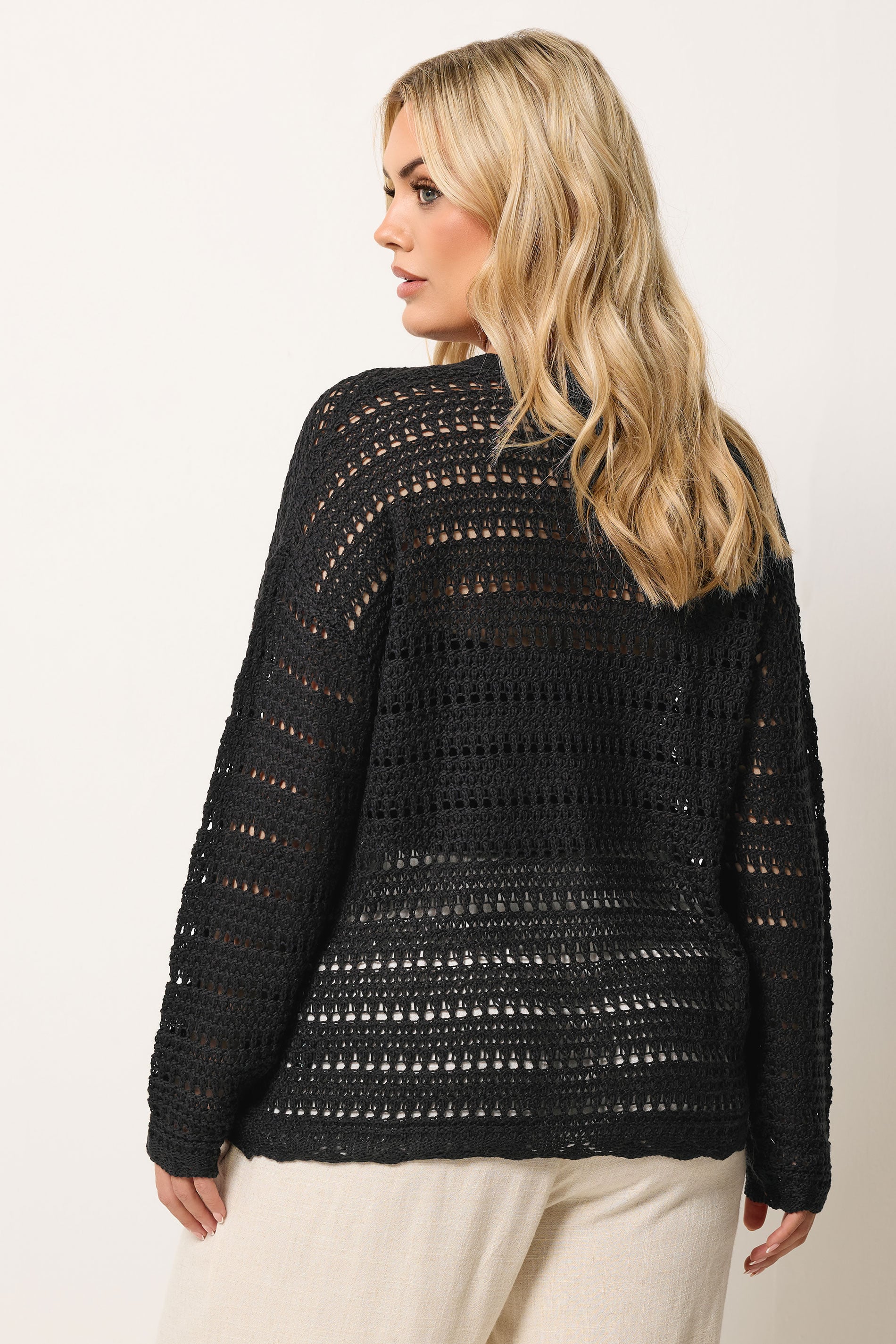 YOURS Plus Size Black Pointelle Knit Cardigan | Yours Clothing 2