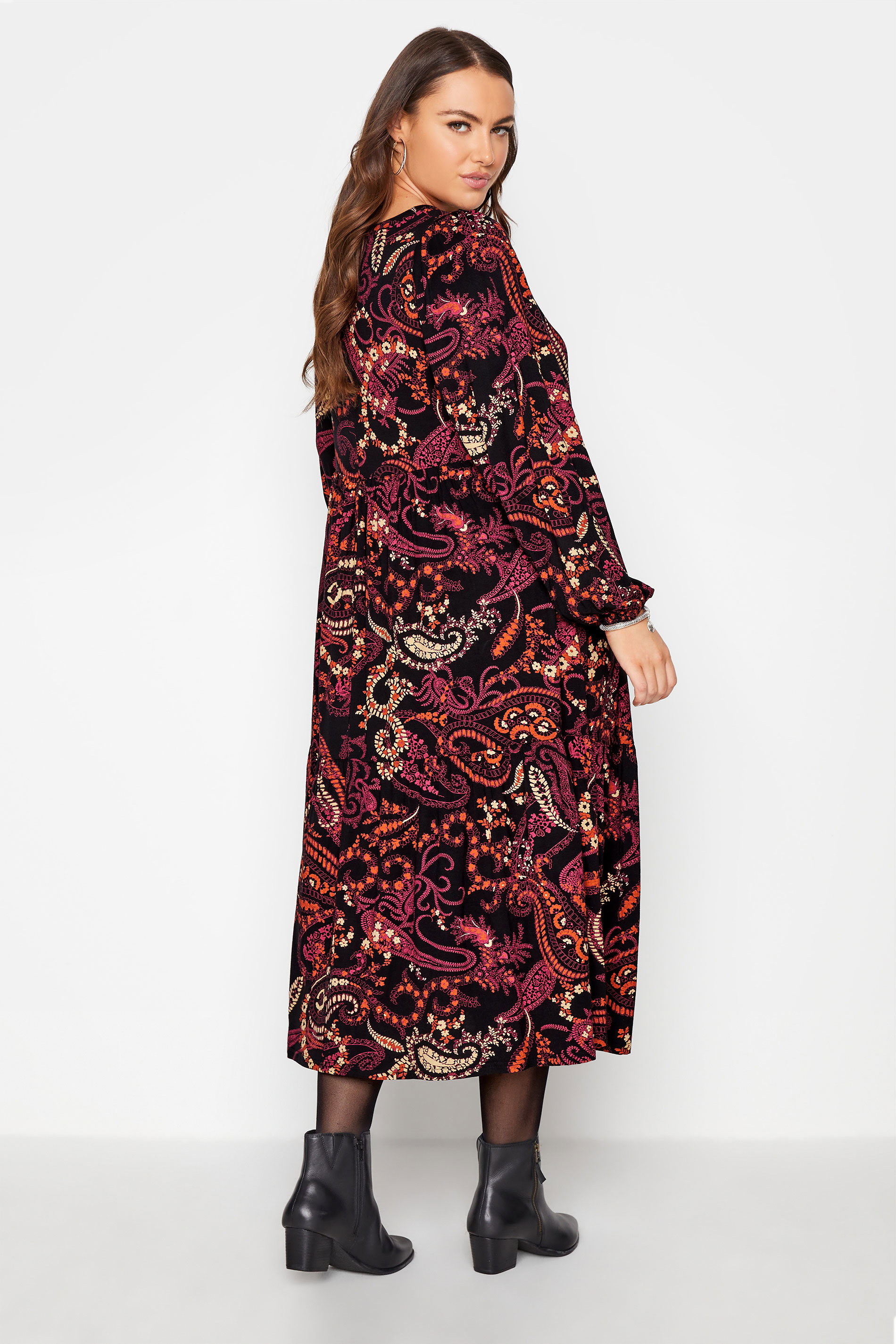 Black Paisley Print Smock Midaxi Dress 