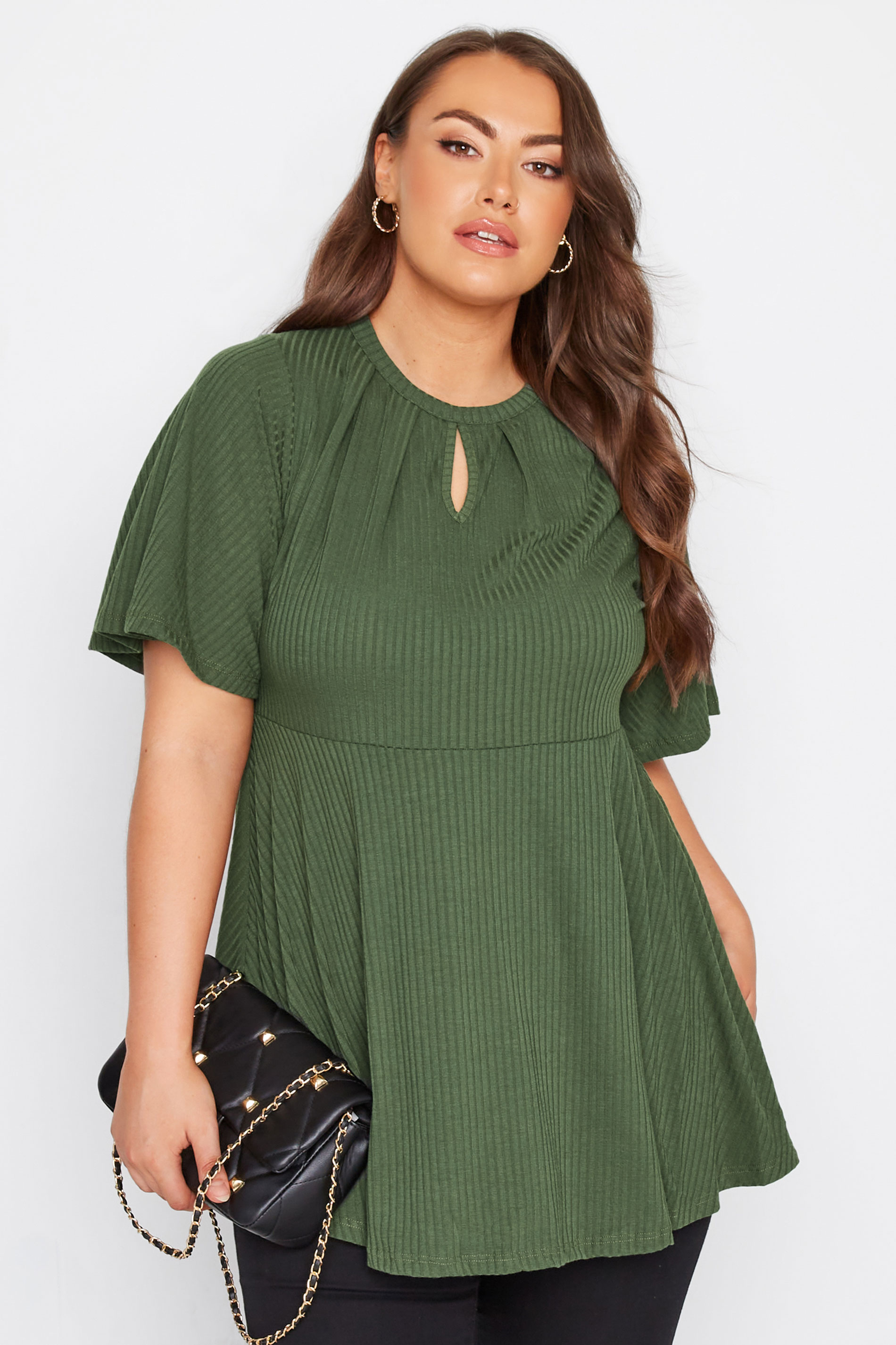 LIMITED COLLECTION Plus Size Khaki Green Keyhole Ribbed Peplum Top | Yours Clothing 1