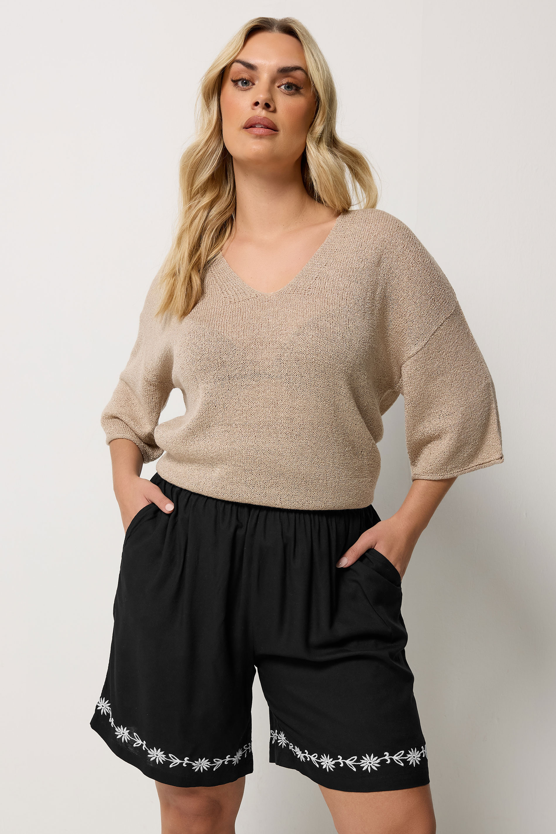 YOURS Plus Size Black Floral Embroidered Hem Shorts | Yours Clothing 3