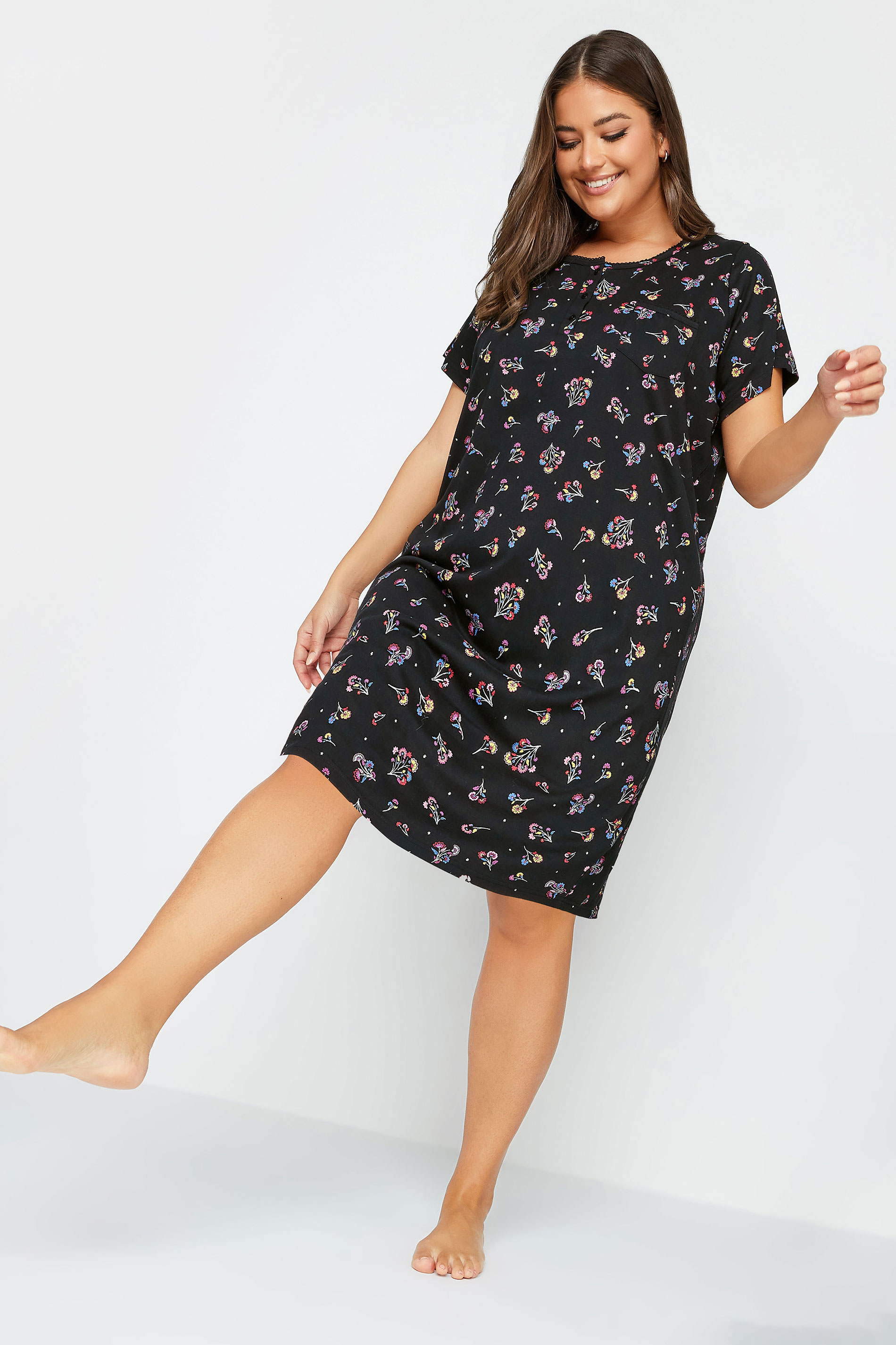 YOURS Curve Black Floral Print Nightdress | Yours Clothing 1