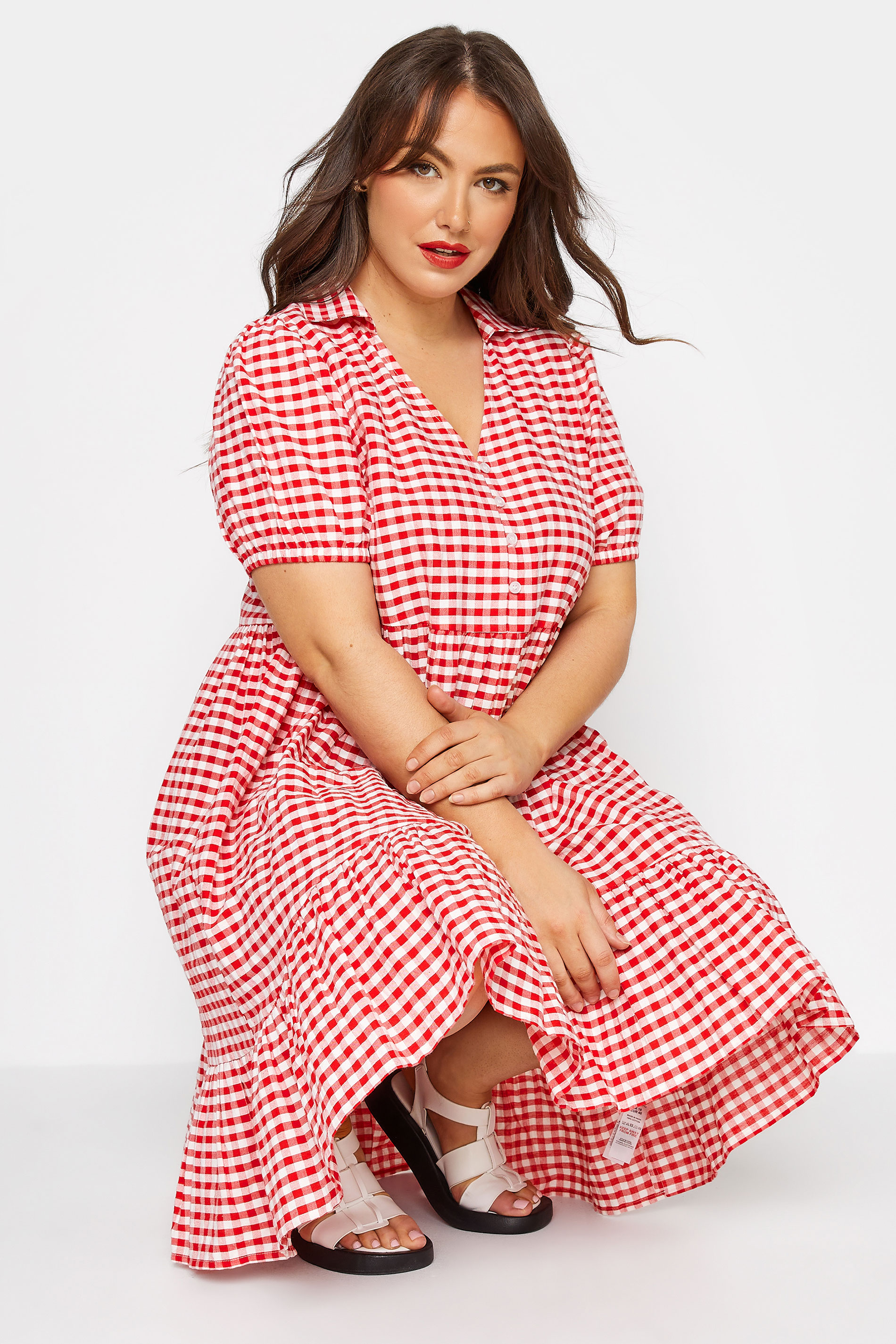 LIMITED COLLECTION Plus Size Red Gingham Dipped Hem Smock Dress | Yours Clothing 1