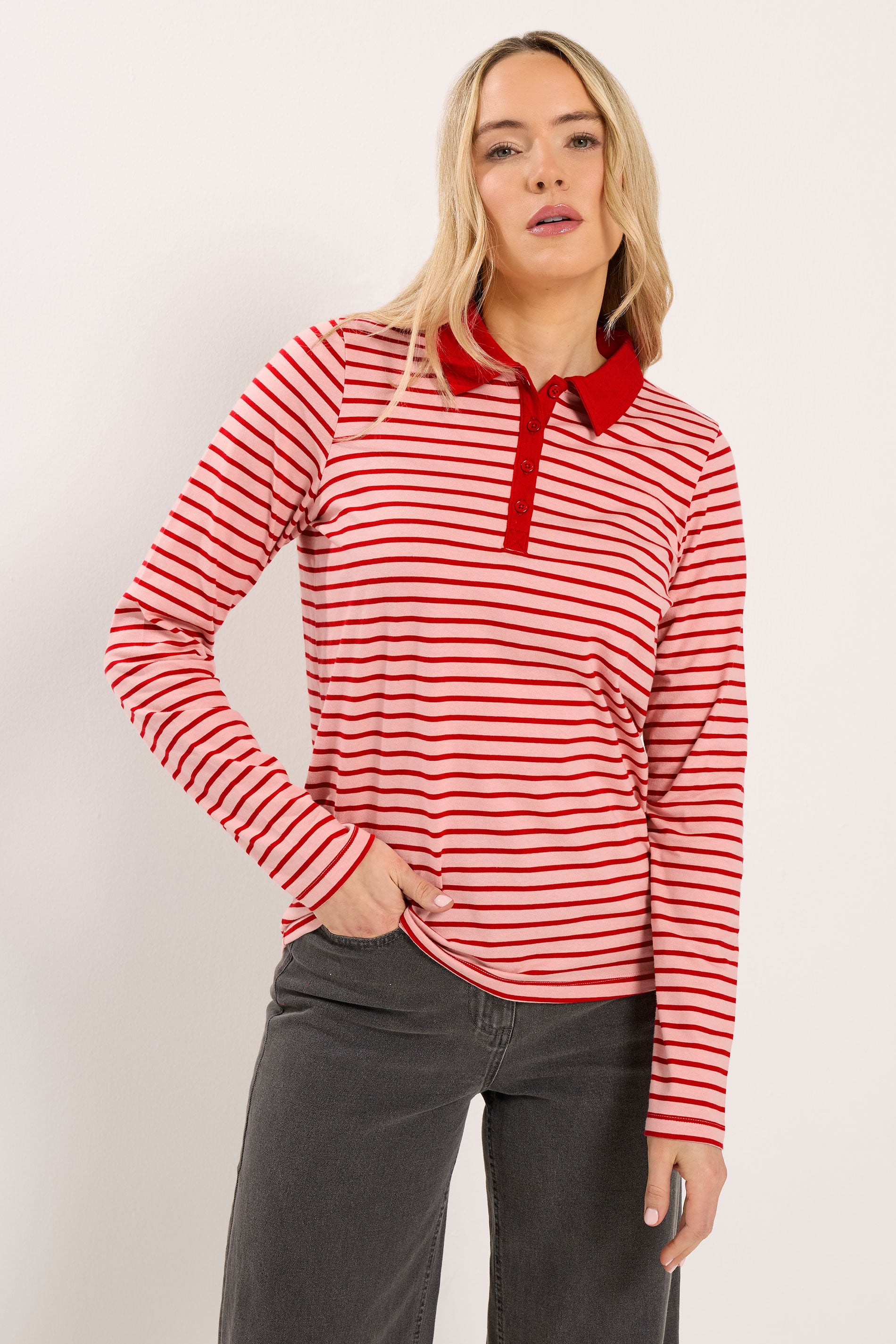 LTS Tall Women's Red and Pink Stripe Polo Cotton T-Shirt | Long Tall Sally 1