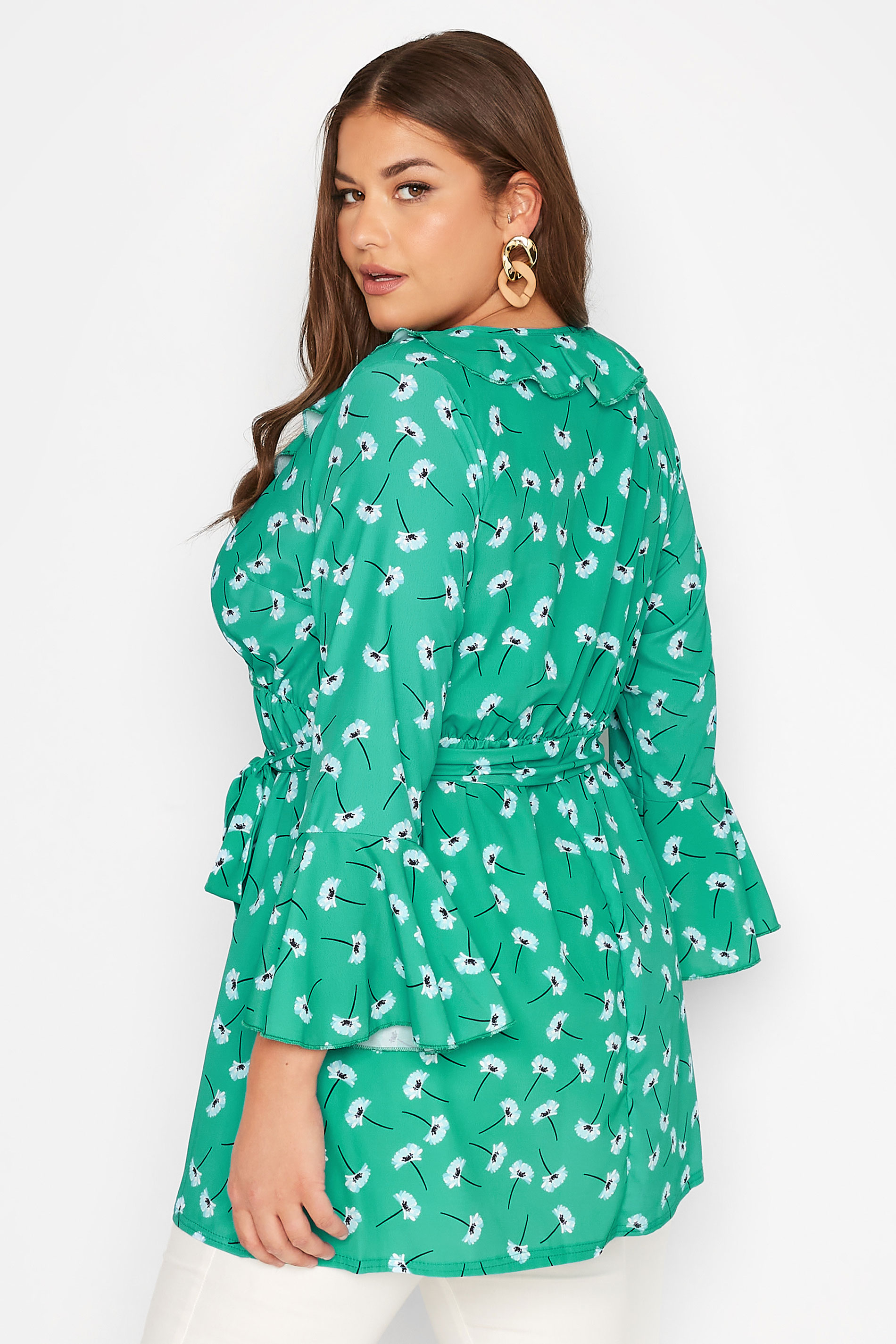 YOURS LONDON Plus Size Green Floral Ruffle Wrap Top | Yours Clothing 3