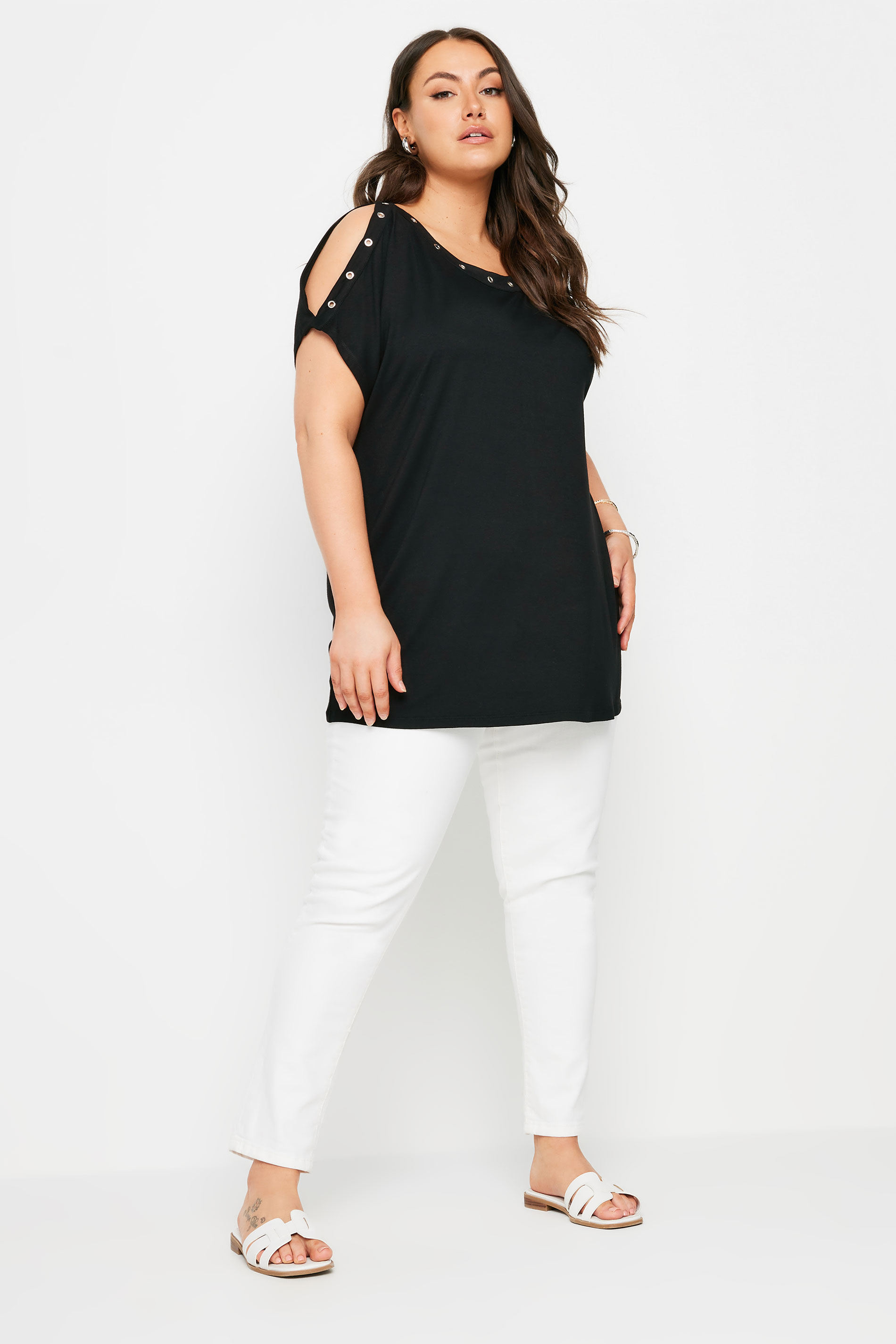 YOURS Plus Size Black Eyelet Detail Cold Shoulder Top | Yours Clothing 2