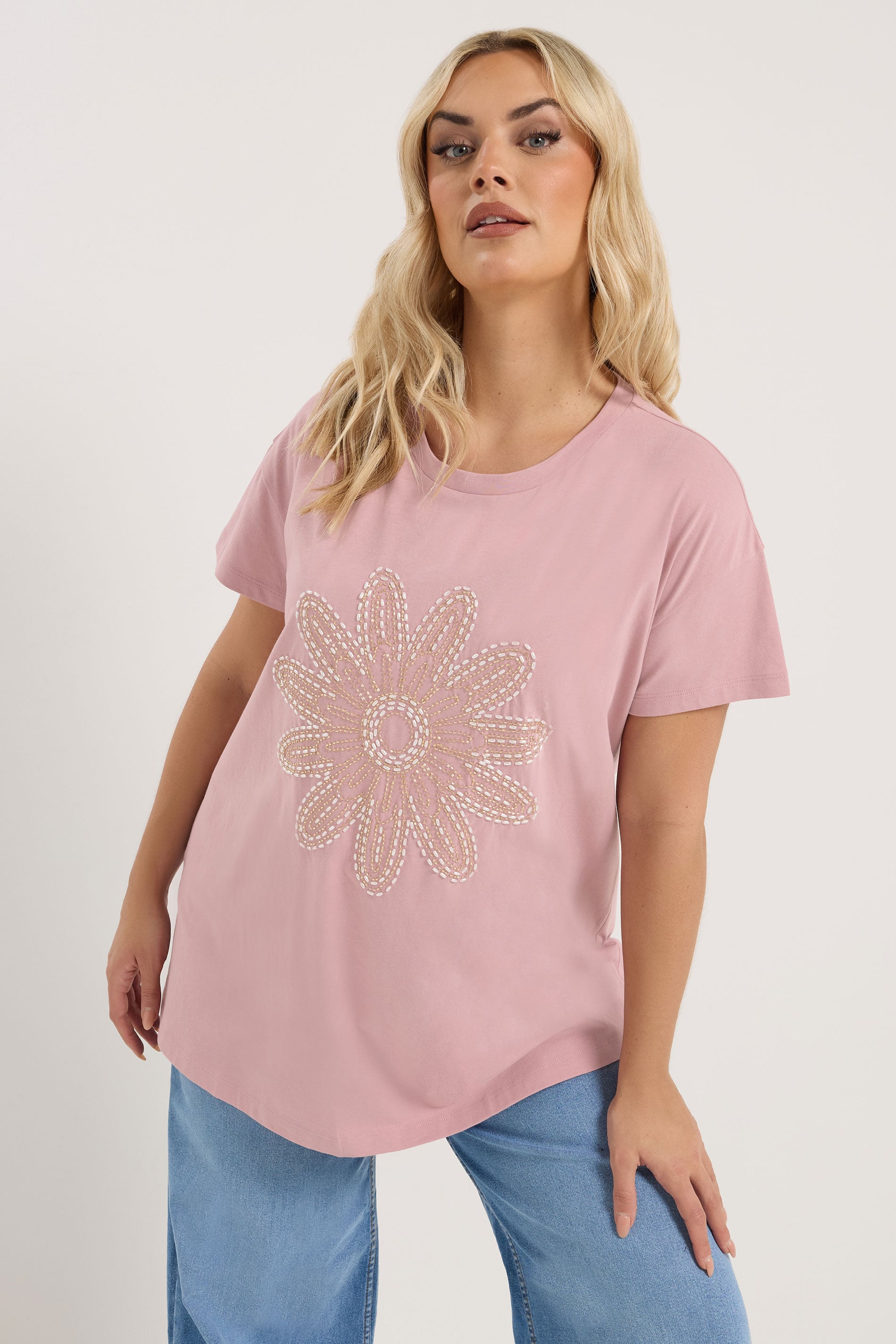 YOURS Plus Size Pink Beaded Daisy T-Shirt | Yours Clothing 3