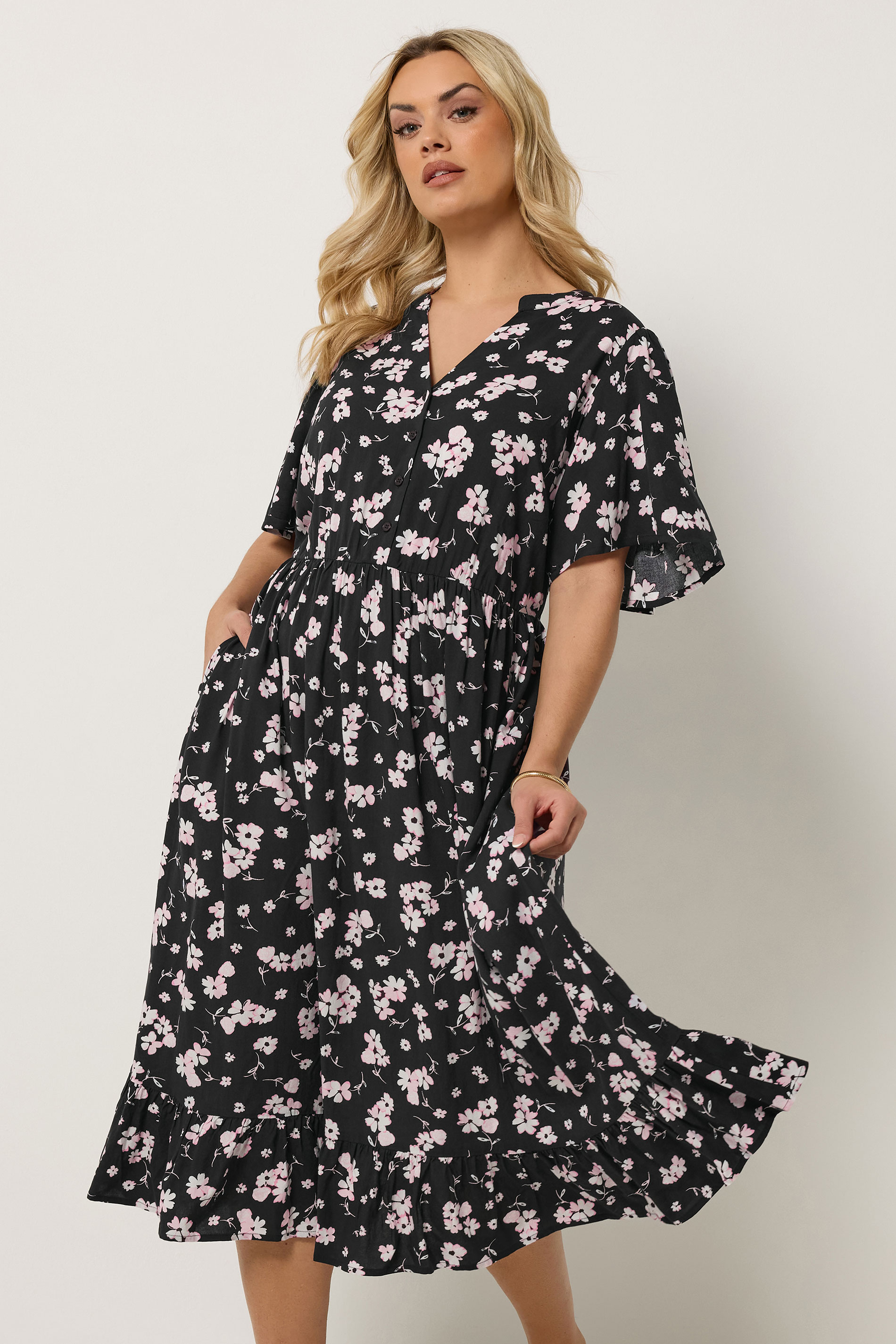 YOURS Plus Size Black Ditsy Half Placket Midi Dress | Yours Clothing 3