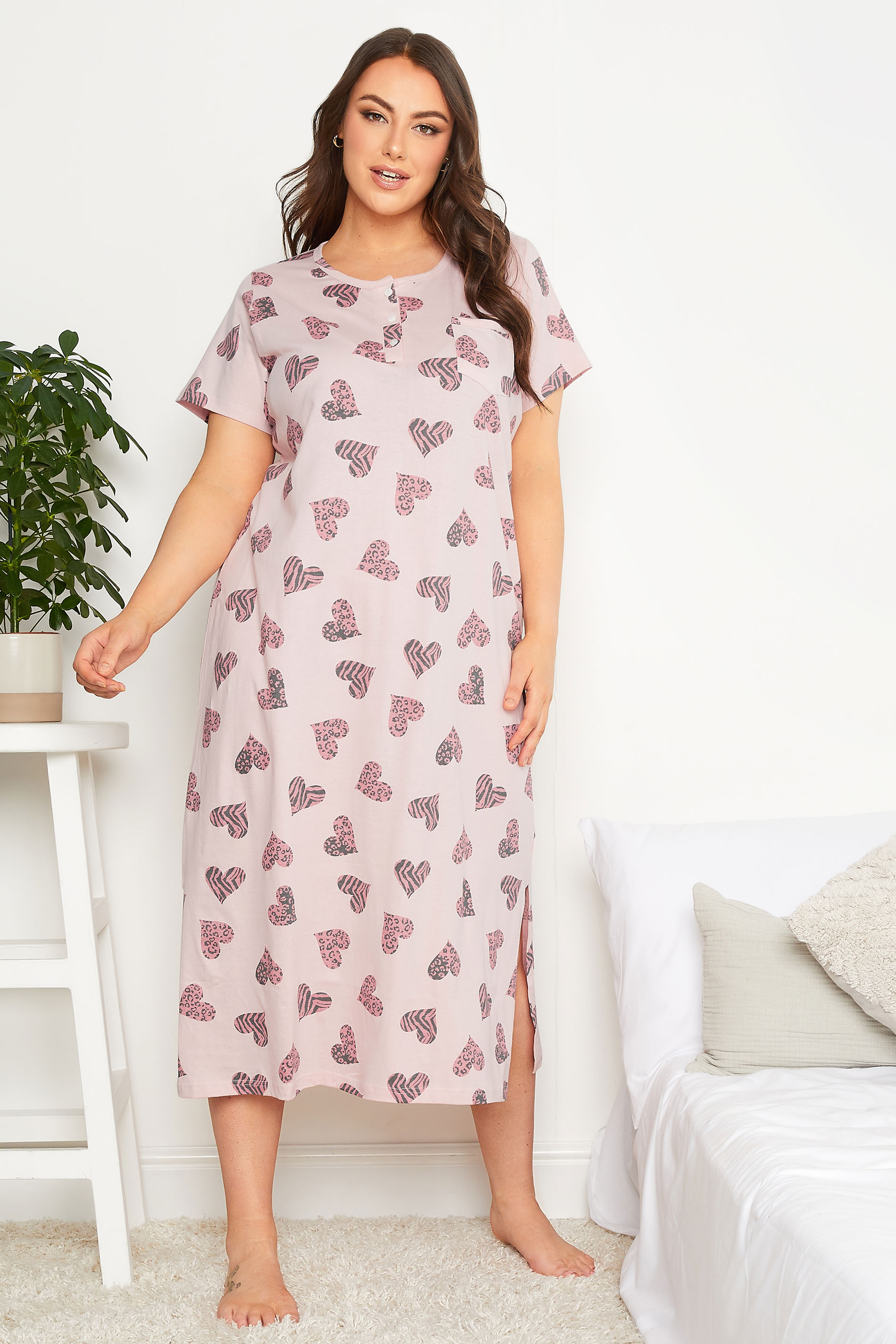 YOURS Curve Plus Size Pink Animal Heart Print Midaxi Nightdress | Yours Clothing  1